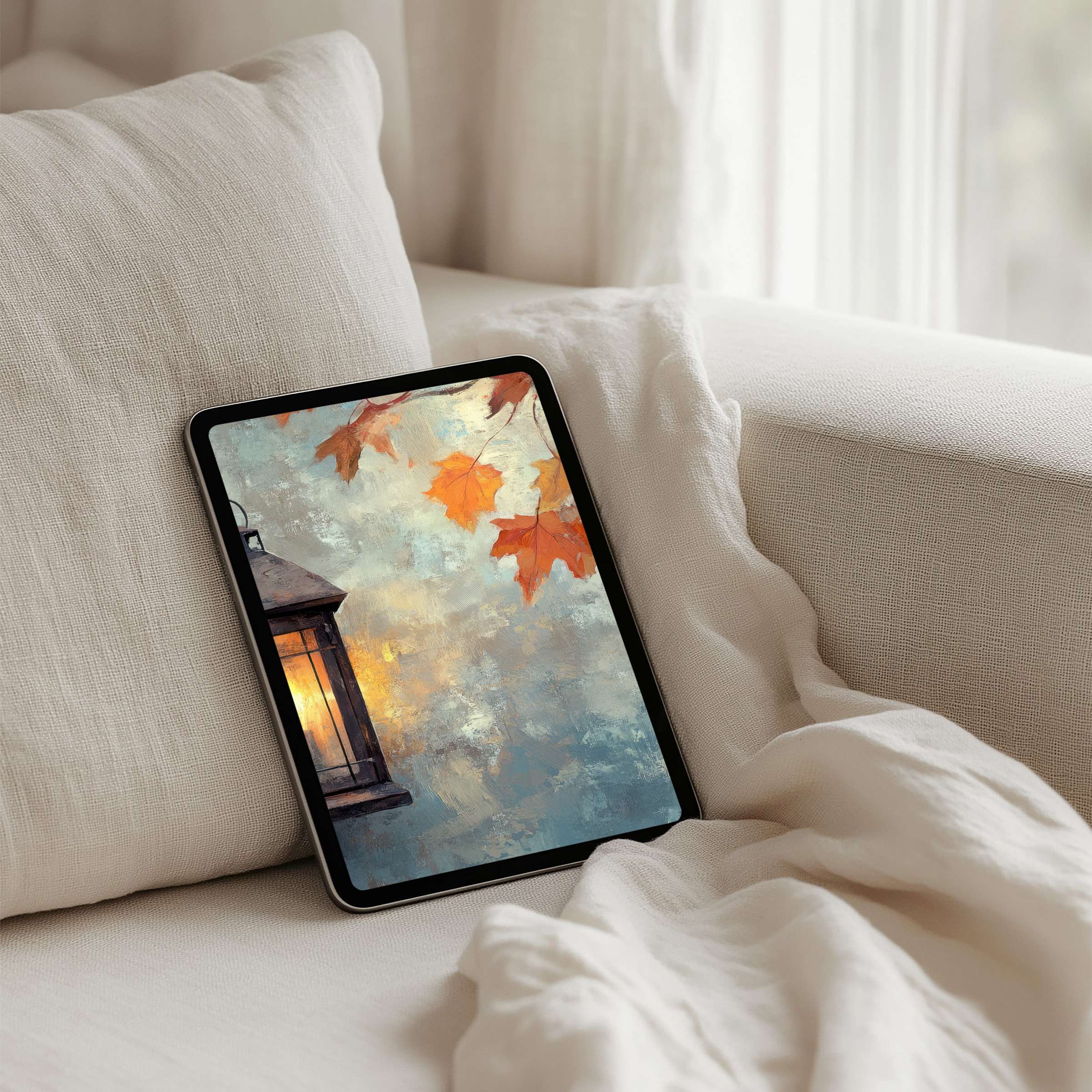 Cozy autumn iPad background featuring lantern and leaves, perfect for instant download, fits Samsung, Android tablet users seeking calm