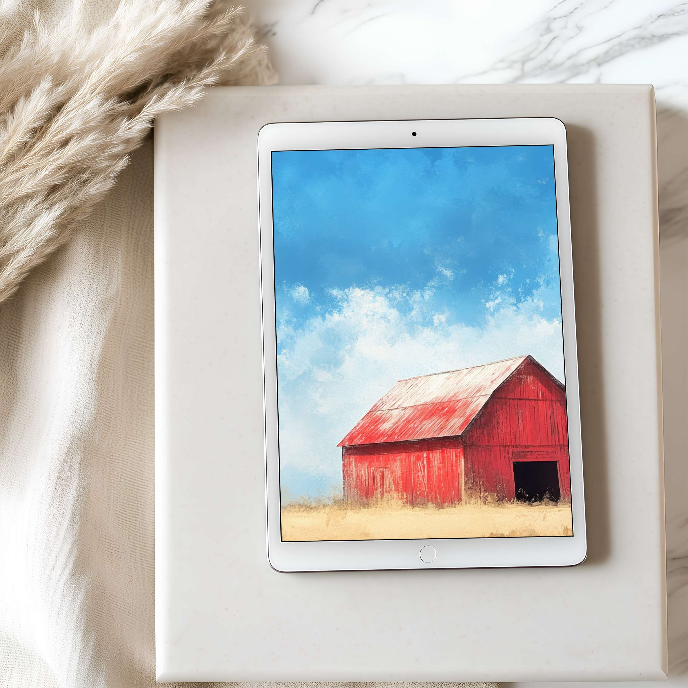 Elegant red barn art tablet wallpaper on iPad, vibrant sky, ideal for a serene digital download, enhancing tablet aesthetics