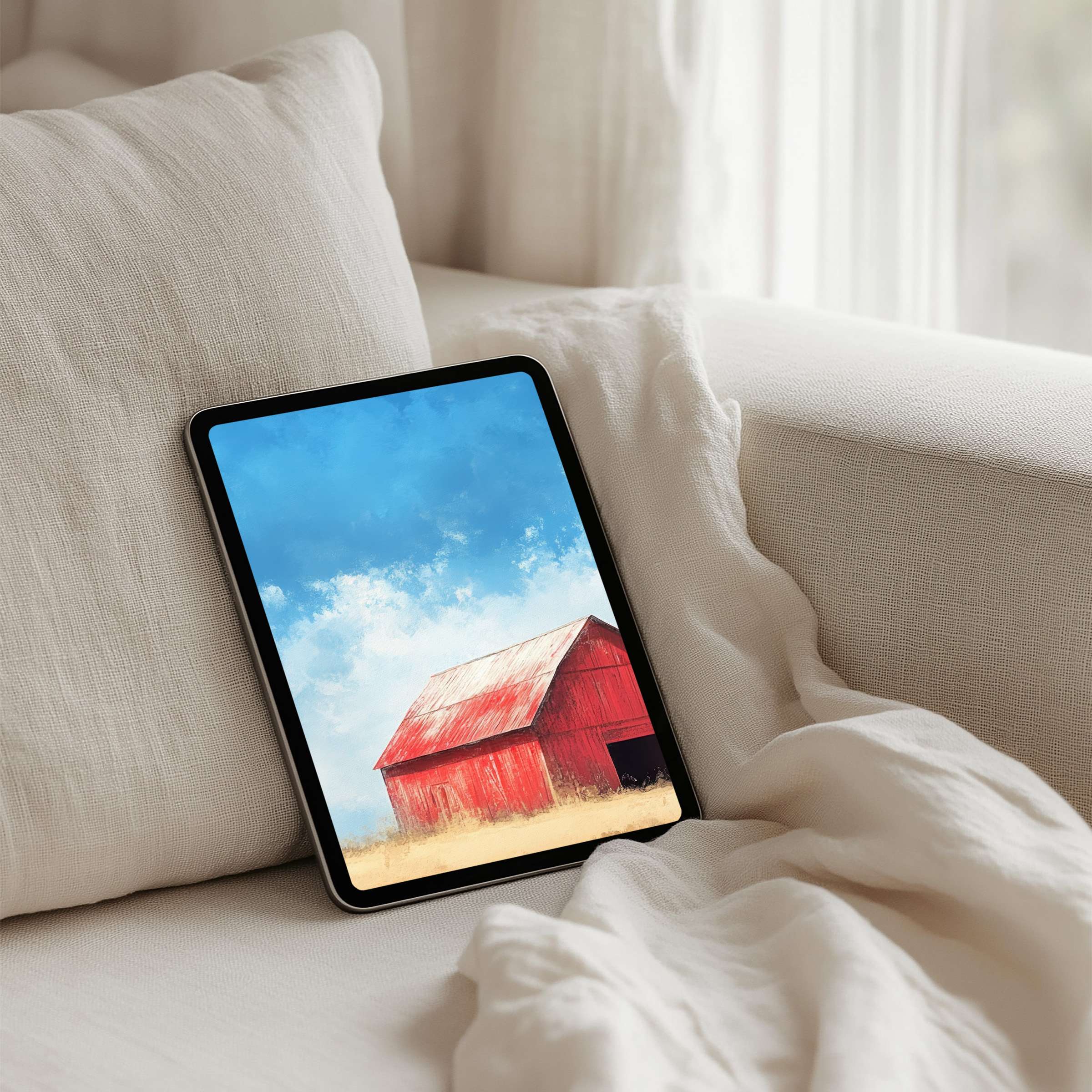 Elegant iPad background art of a red barn under blue skies inspires calm and mindfulness perfect for any tablet instant download