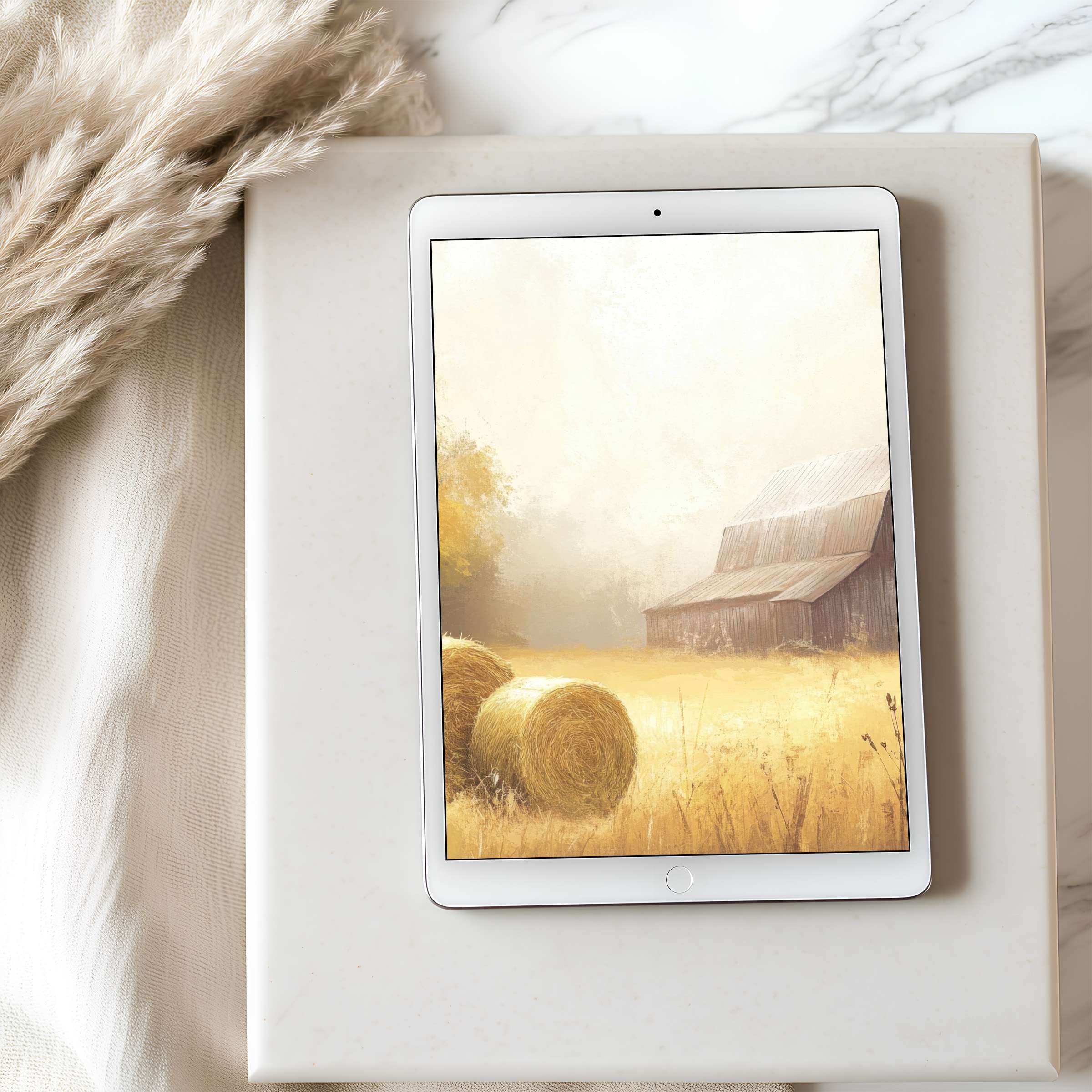 Serene rustic landscape tablet wallpaper featuring golden hay bales and barn in high resolution, ideal for iPad and digital download