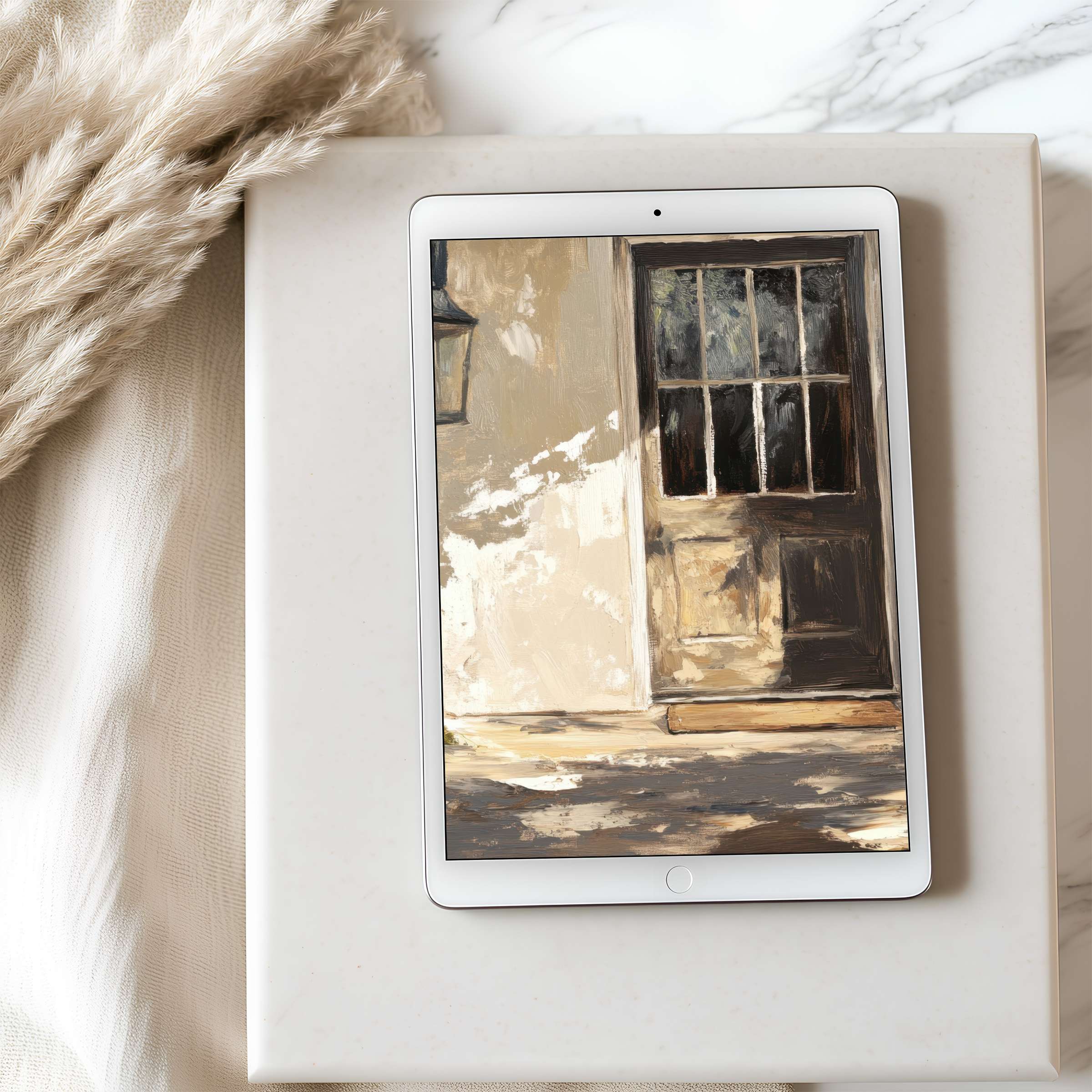 Elegant tablet wallpaper featuring serene, rustic door painting in warm tones perfect for iPad high resolution digital download