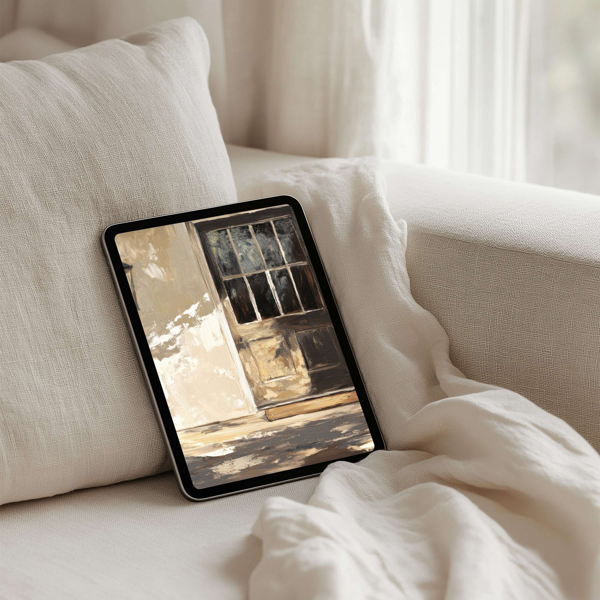 Tranquil iPad background art with rustic door scene inspires elegance and calm for tablet instant download enhancing mindfulness