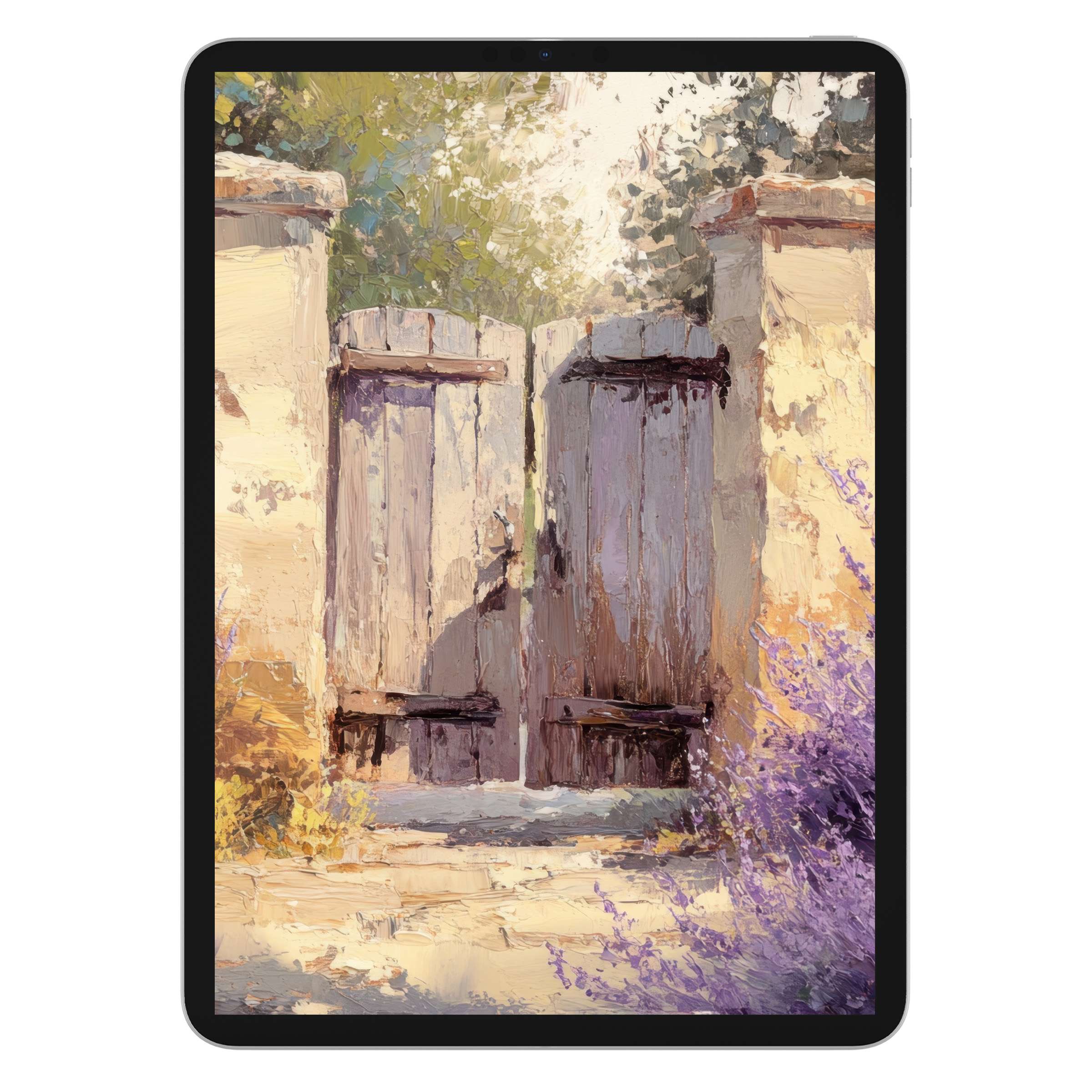 Elegant farmhouse iPad wallpaper showcases rustic wooden gate in sunlit garden, ideal digital download background for your tablet
