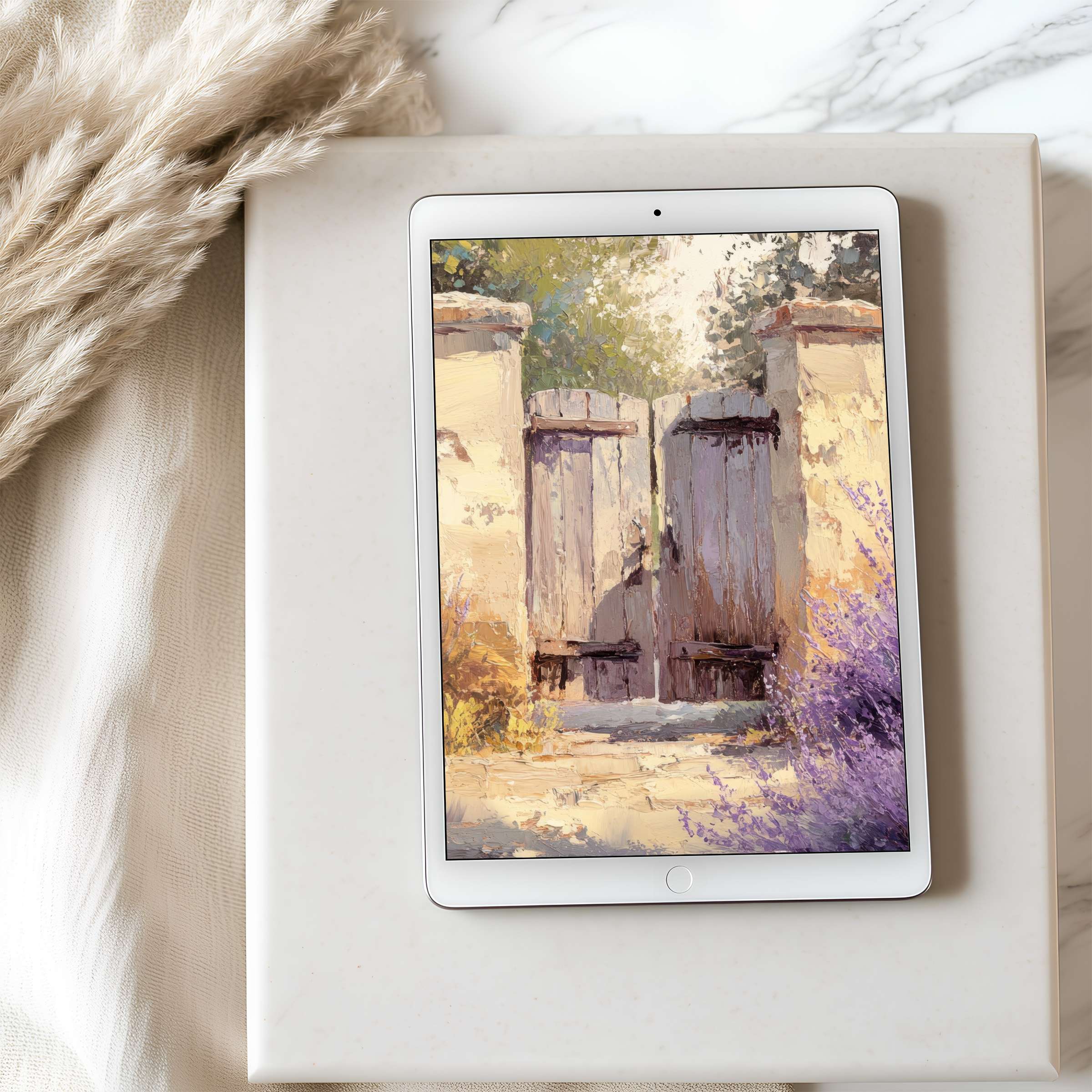 Elegant tablet wallpaper featuring serene lavender and rustic wooden gate painting perfect for iPad high resolution digital download