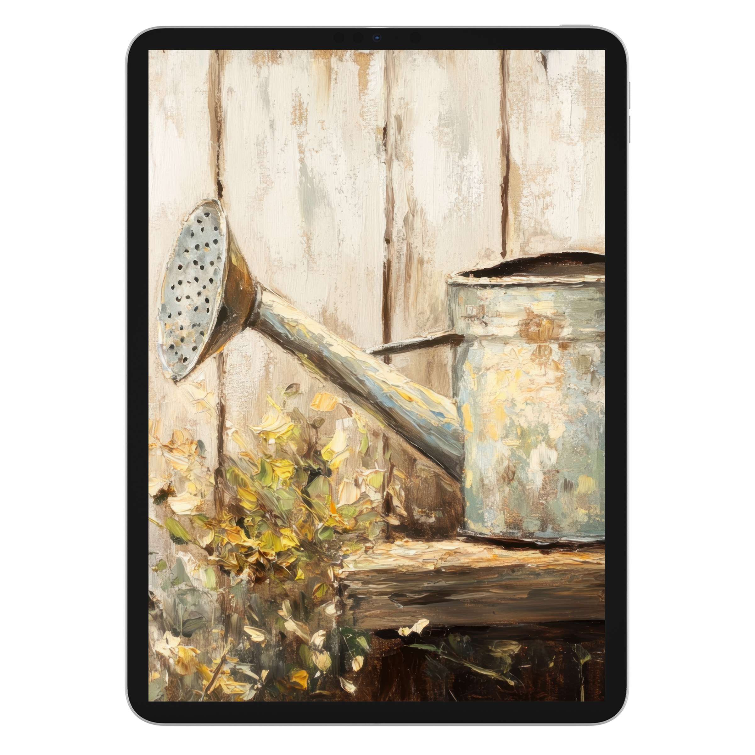 Farmhouse iPad wallpaper as a digital download features vintage watering can art on rustic wooden background for elegant tablet serenity