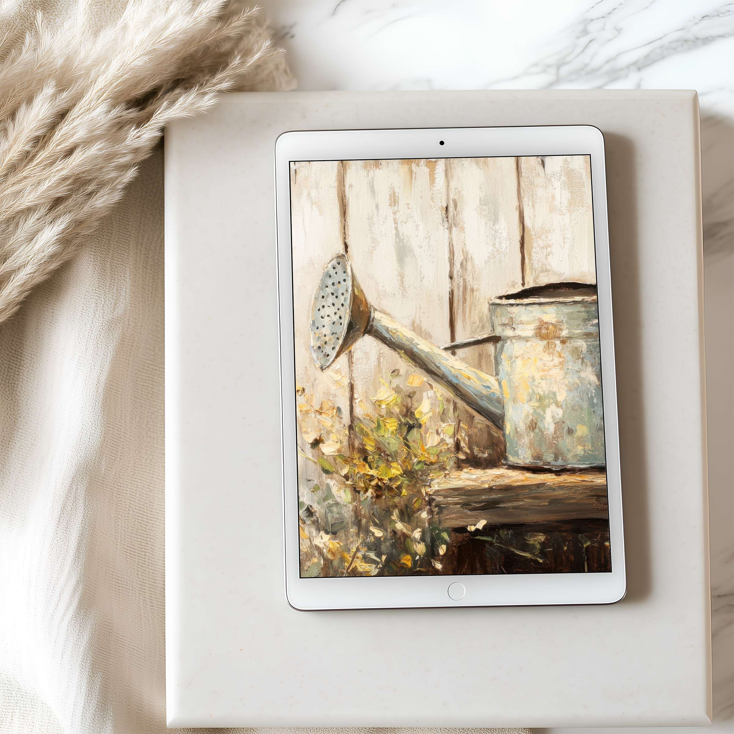 Elegant, rustic watercolor of a vintage watering can on tablet wallpaper curates calm, high resolution download for iPad and Android tablets