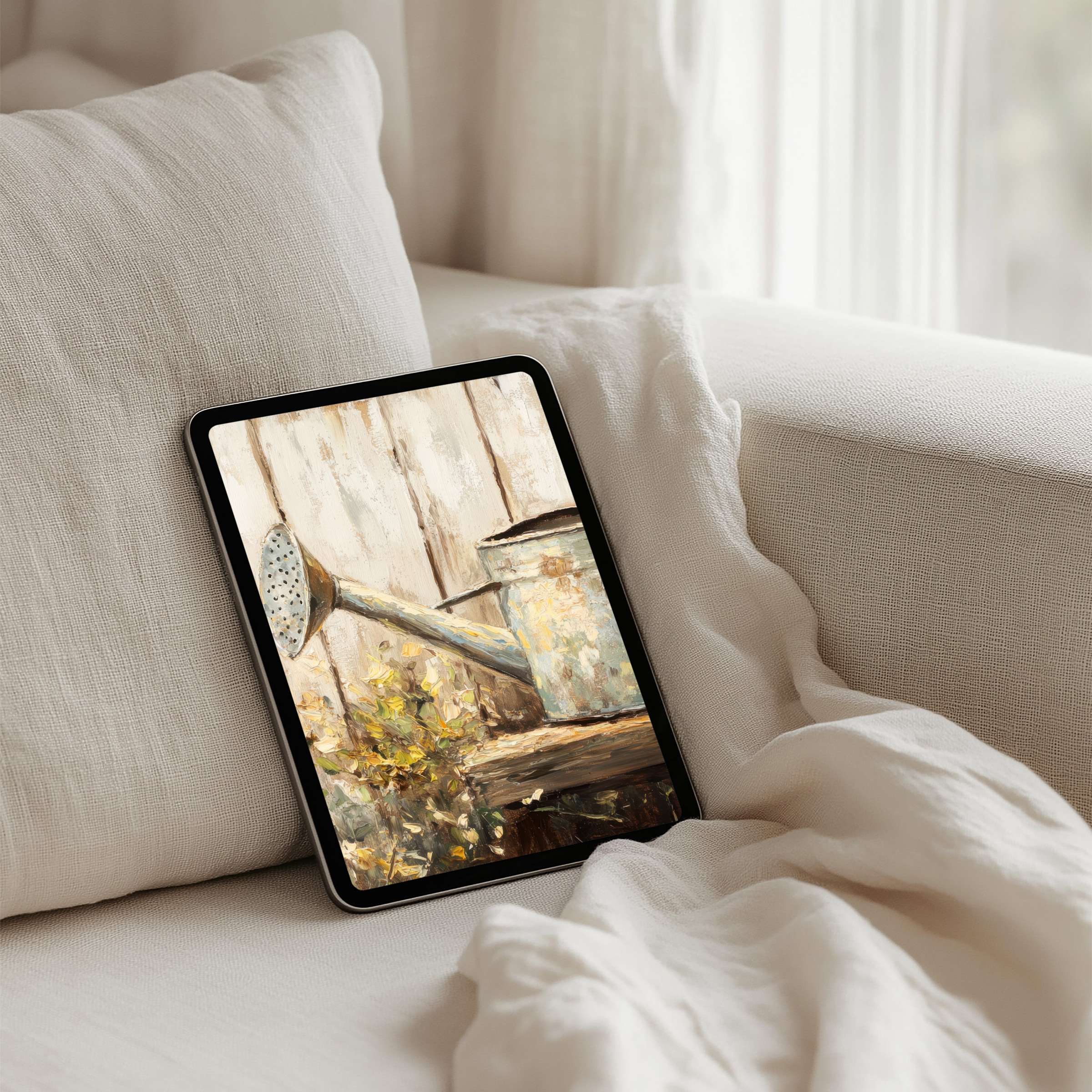 Elegant iPad background featuring rustic art of a watering can and flowers offers instant download for all tablets inspiring calm