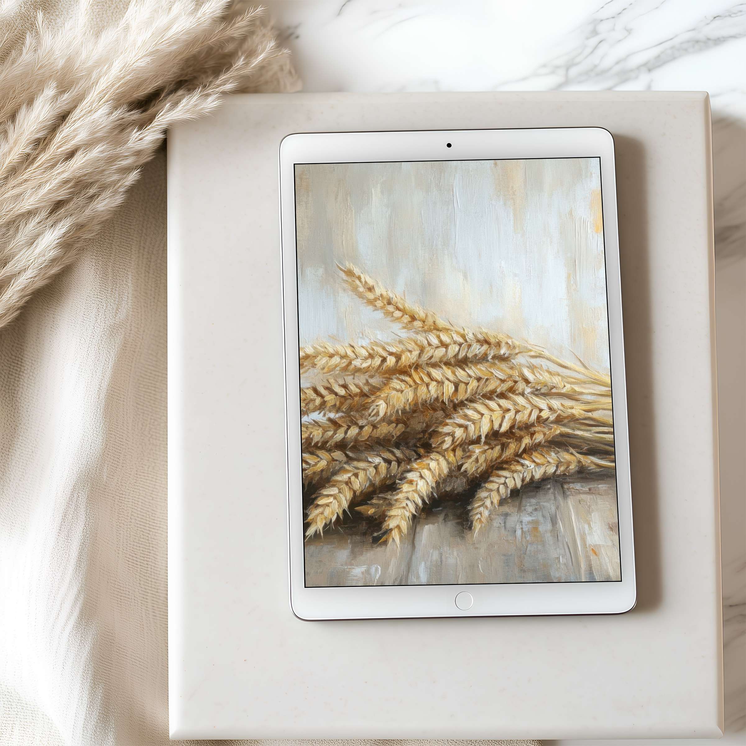 Elegant tablet wallpaper featuring warm, earthy wheat motif on iPad creates a serene atmosphere, perfect for design-savvy digital download