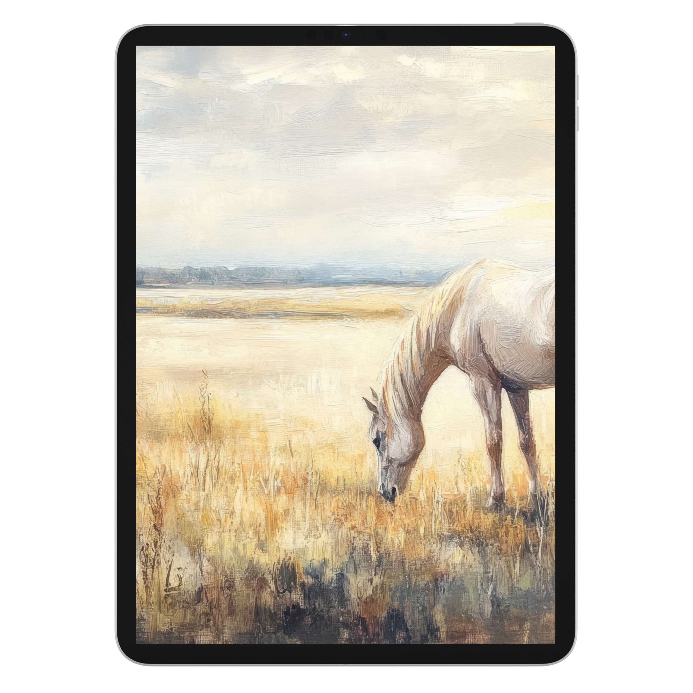 Farmhouse iPad wallpaper in soft earth tones, featuring a serene horse in a vast field, perfect digital download background for tablets