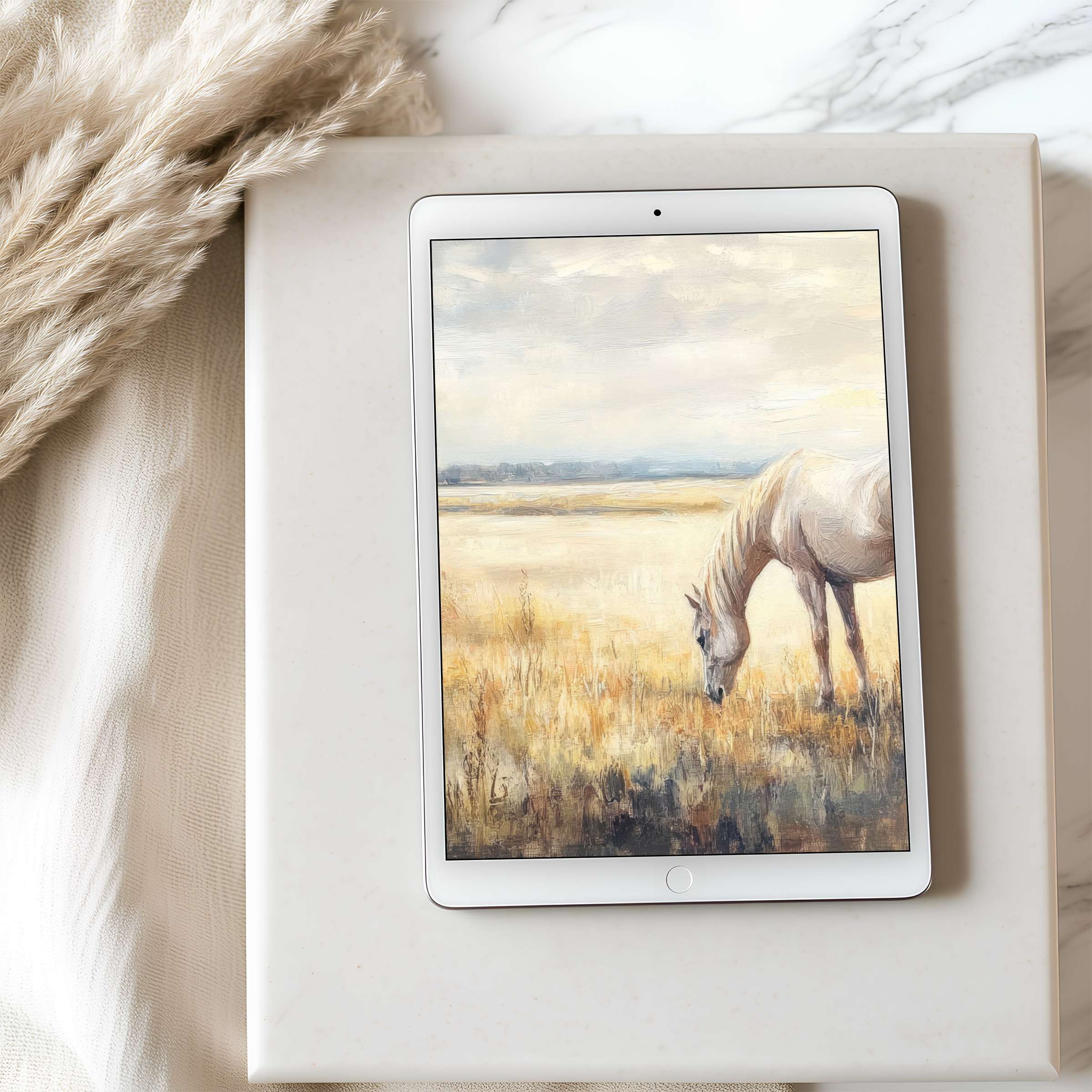 Serene tablet wallpaper with a white horse in a golden field, perfect for iPad; high resolution download for digital tranquility