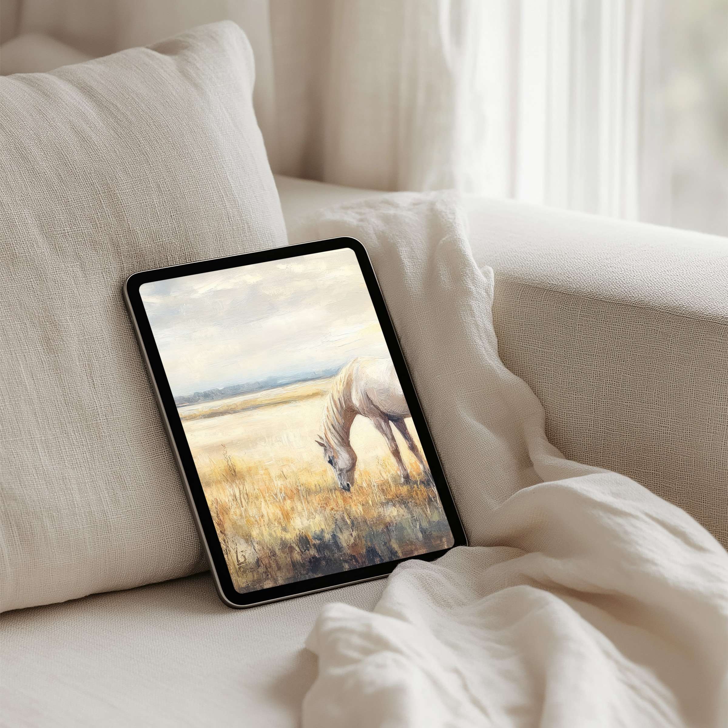 Elegant iPad background featuring serene pastoral art of a grazing horse offers instant download for tablet inspiration and calm