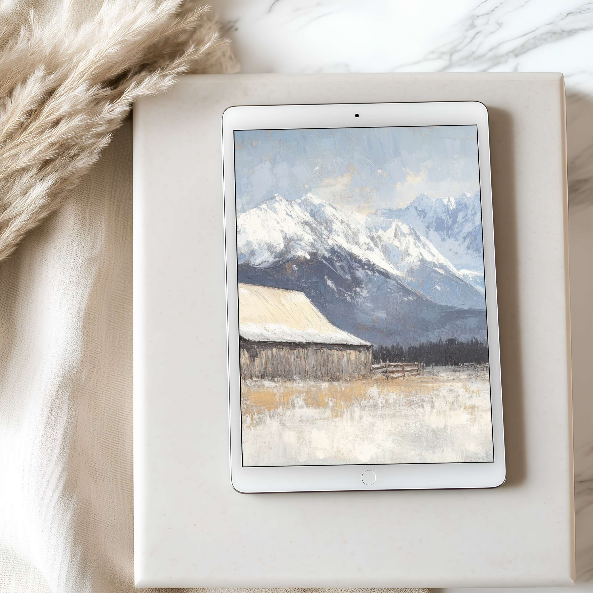 Elegant tablet wallpaper featuring serene mountain landscape in soft, calming hues, perfect for iPad or Android tablets, digital download