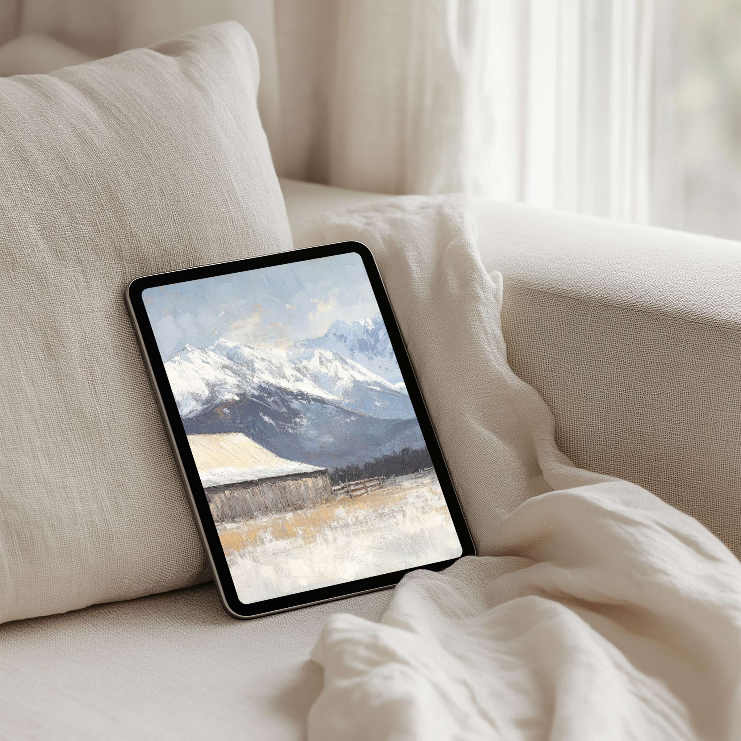 Gentle snow-capped mountains on an iPad background evoke calm and inspiration for your tablet, available for instant download