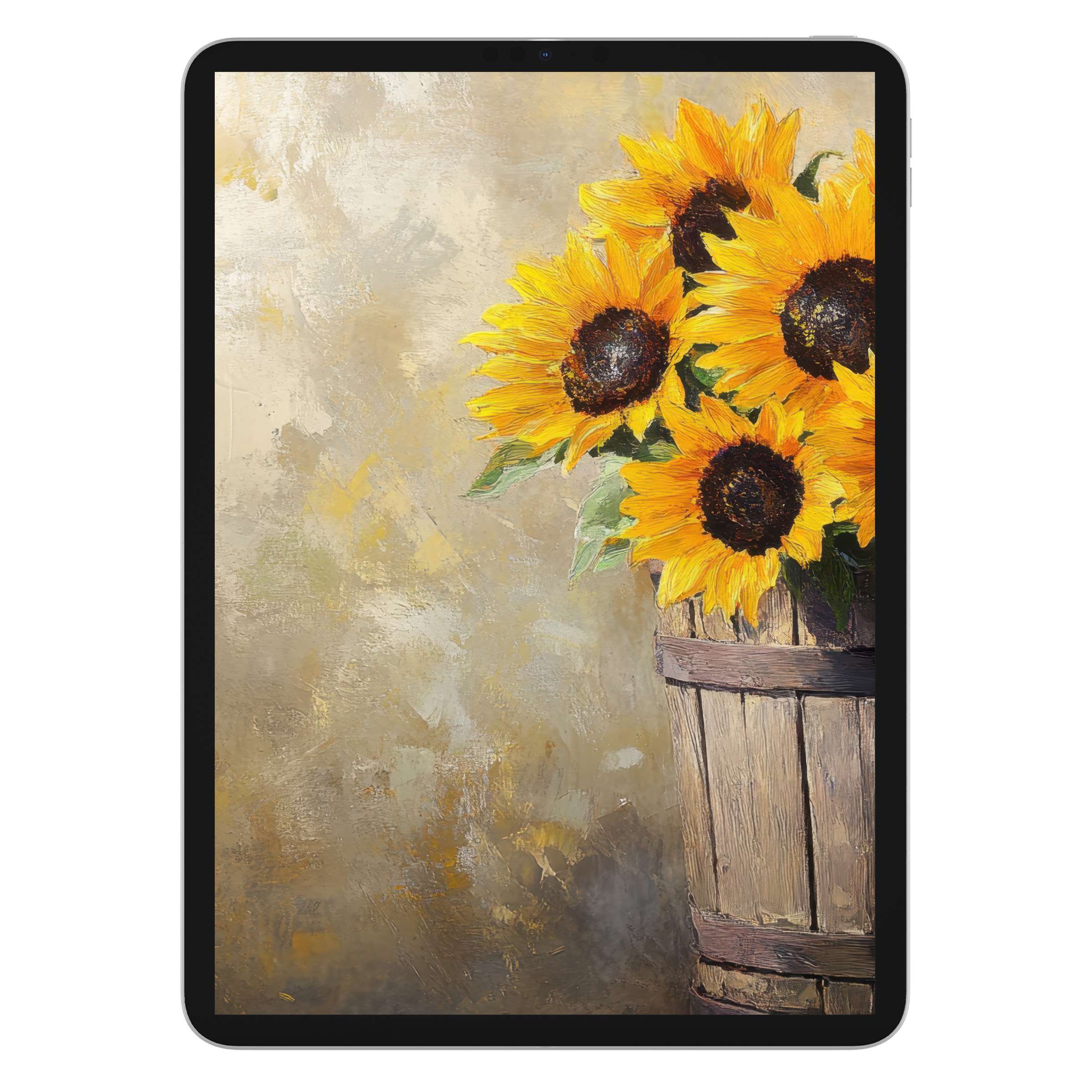 Farmhouse iPad wallpaper featuring rustic sunflowers in a barrel, offering a warm digital download for your tablet background, enhancing serenity