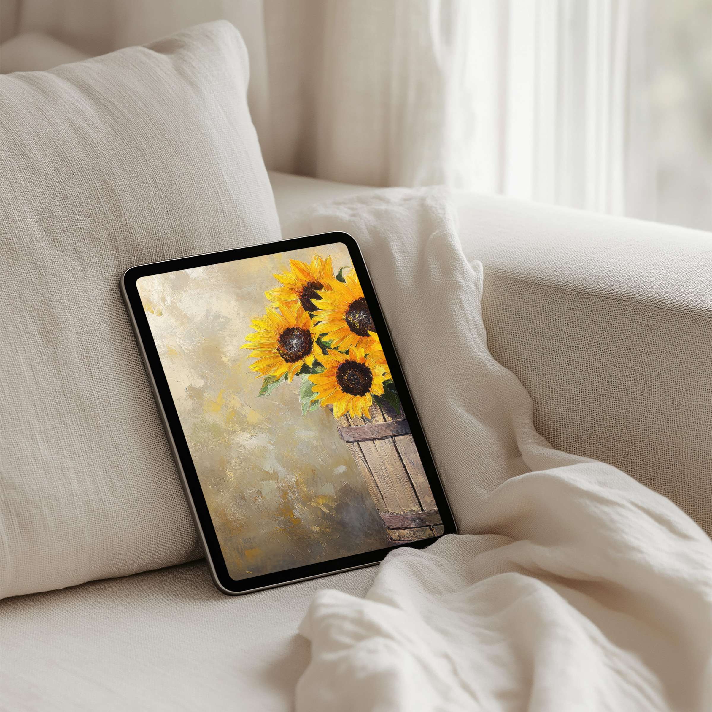 Sunflower painting iPad background offering tranquility and elegance for your tablet as an instant download to inspire mindfulness