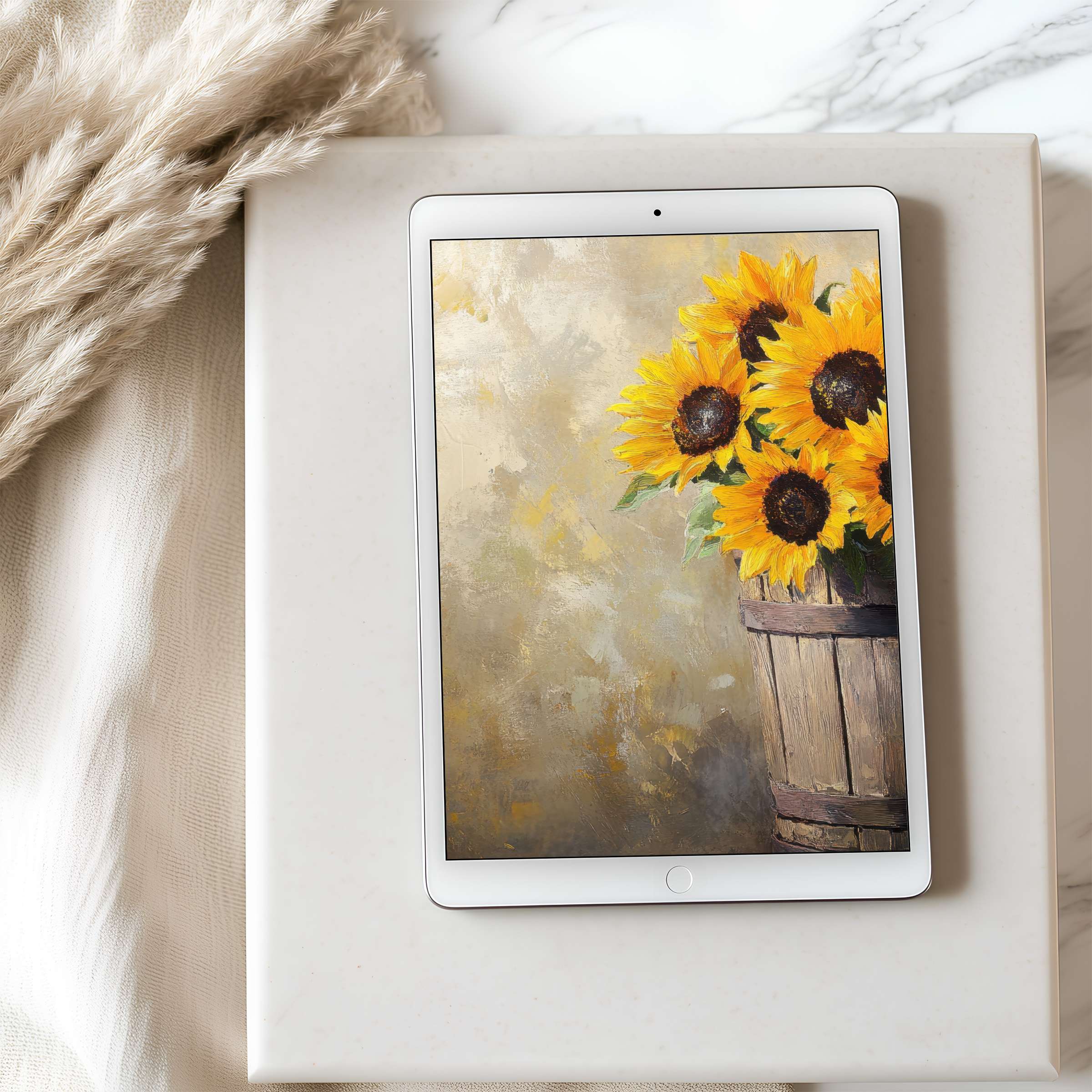 Sunflowers in rustic bucket painting as tablet wallpaper brings warmth and elegance, perfect for high resolution iPad digital download