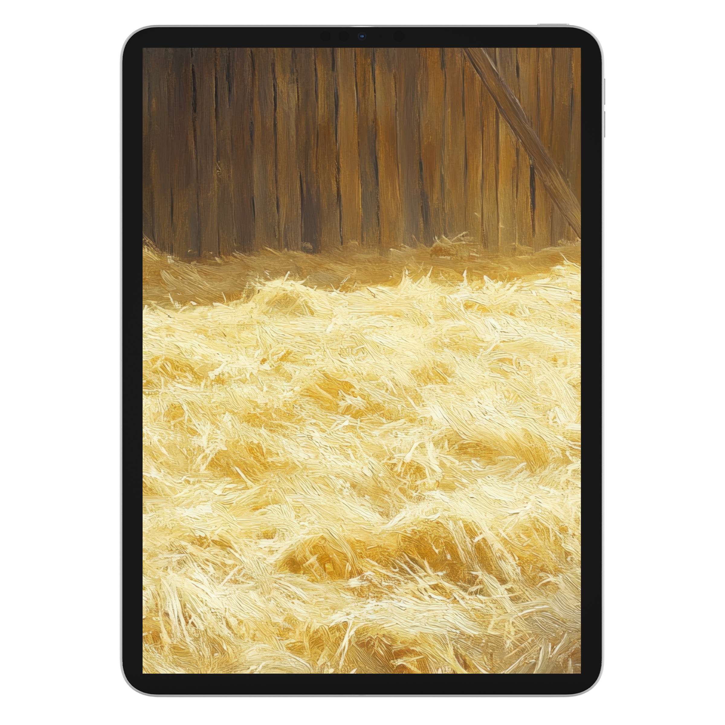 Farmhouse iPad wallpaper showcasing a warm, textured hayfield and rustic barn wood background for tablet digital download tranquility