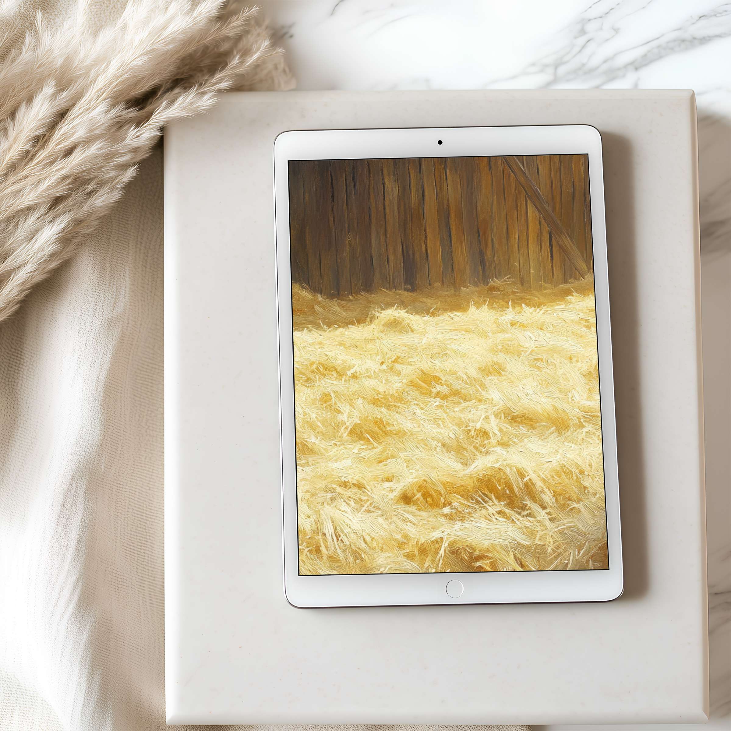 Elegant high resolution tablet wallpaper featuring serene golden field art, perfect for iPad download in a cozy minimalist setting