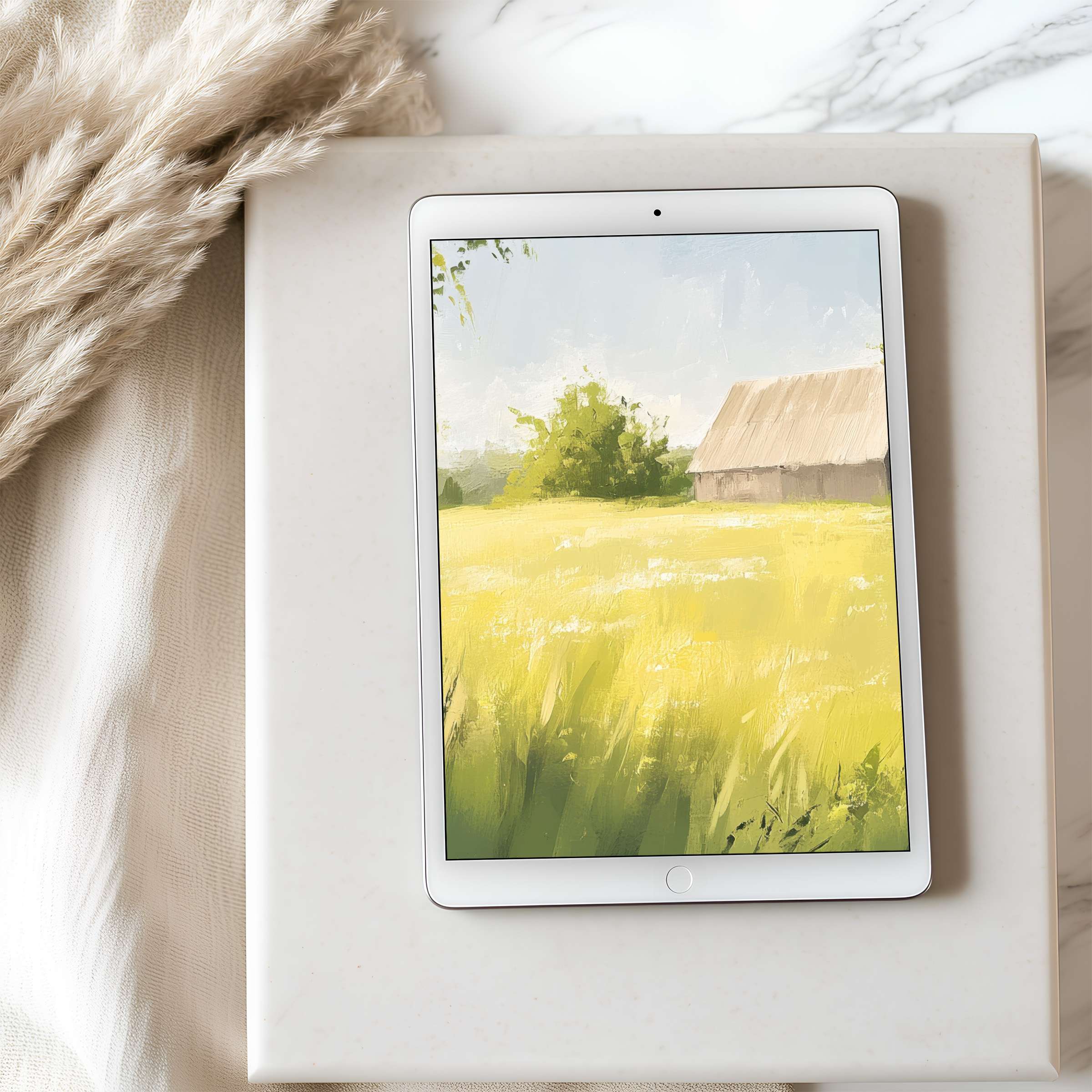 Elegant tablet wallpaper featuring serene yellow fields and rustic barn in high resolution perfect for iPad digital download