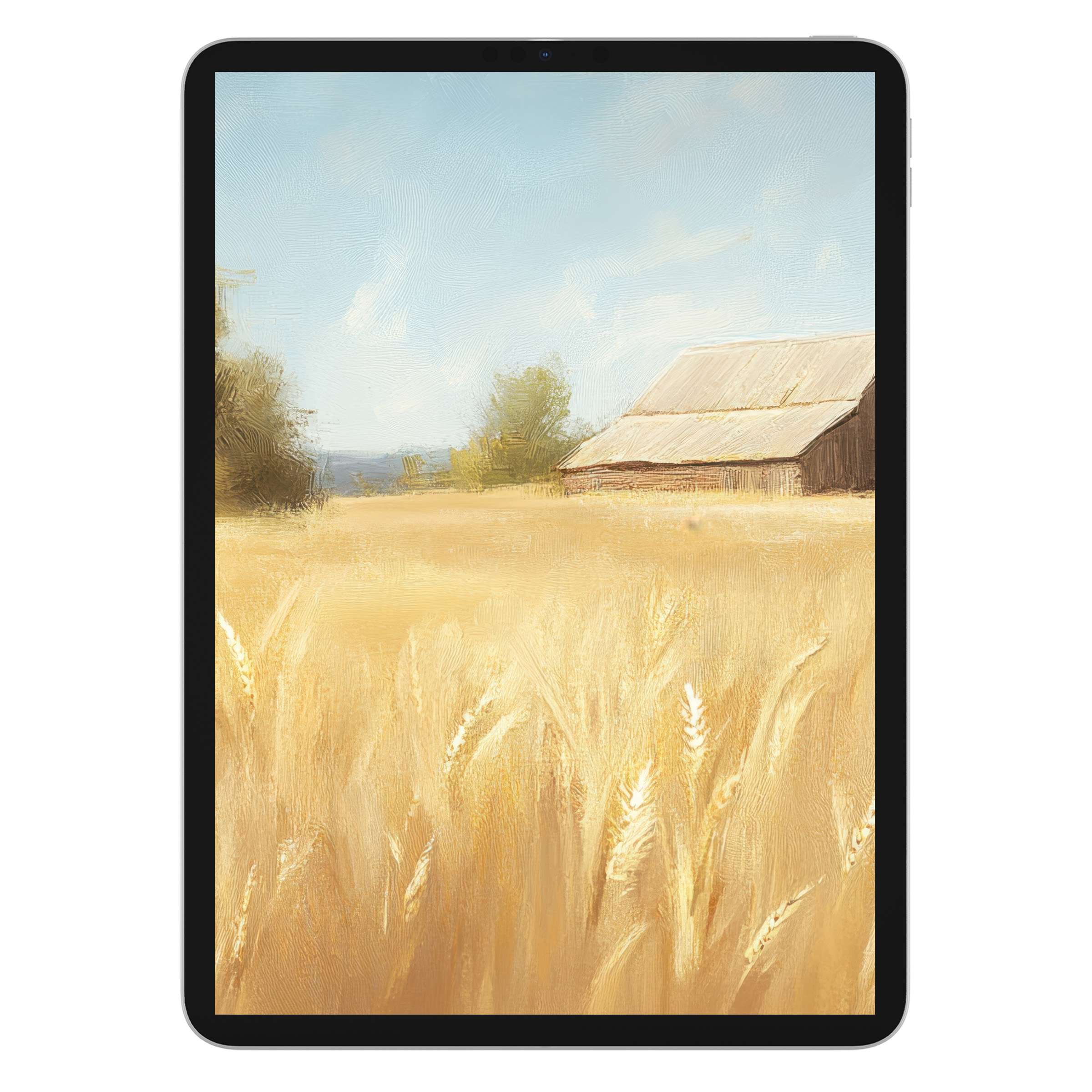 Farmhouse iPad wallpaper digital download features elegant brushstrokes of golden wheat fields, calm skies on tablet background