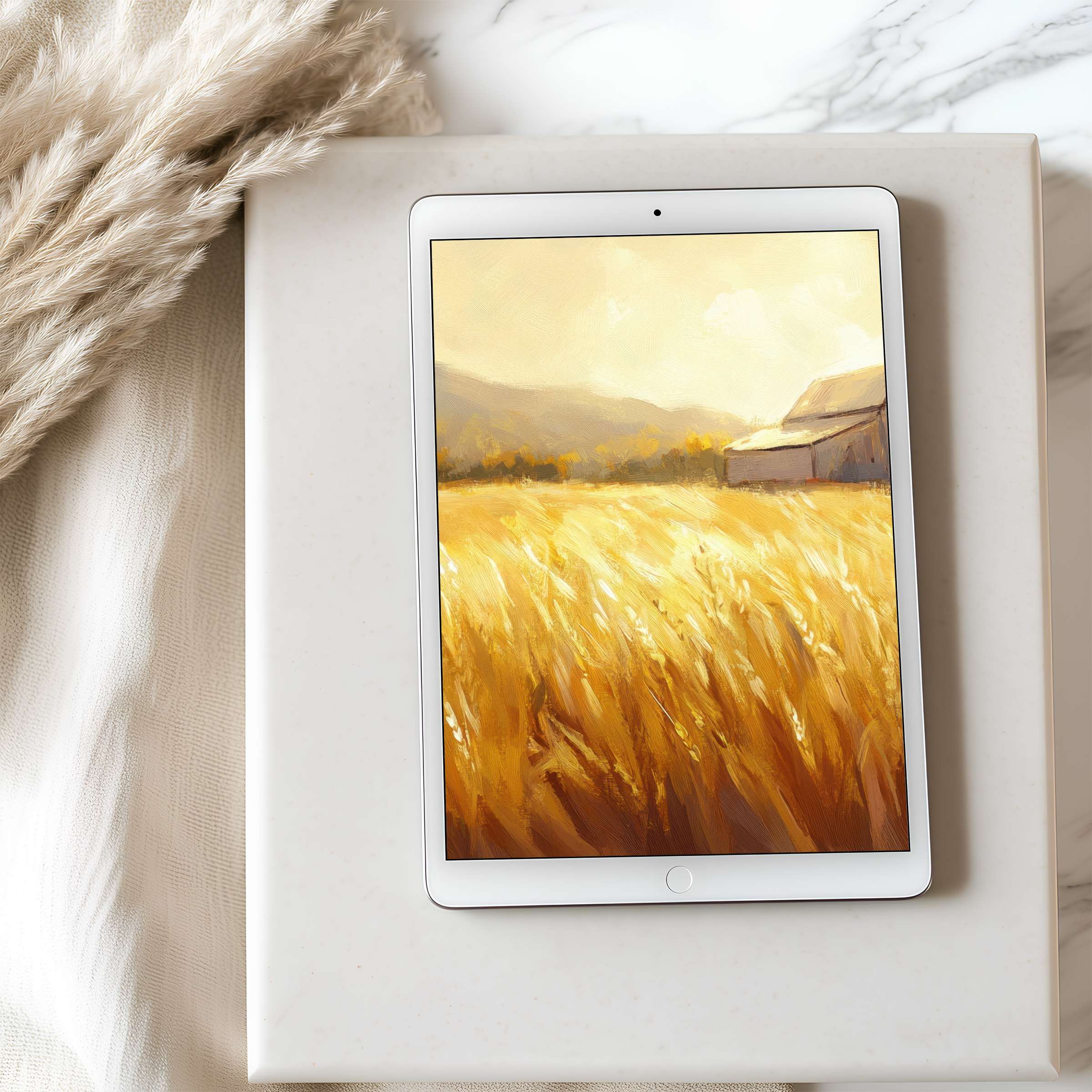 Elegant tablet wallpaper displaying serene golden fields and rustic barn, perfect high-resolution digital download for iPad and Android