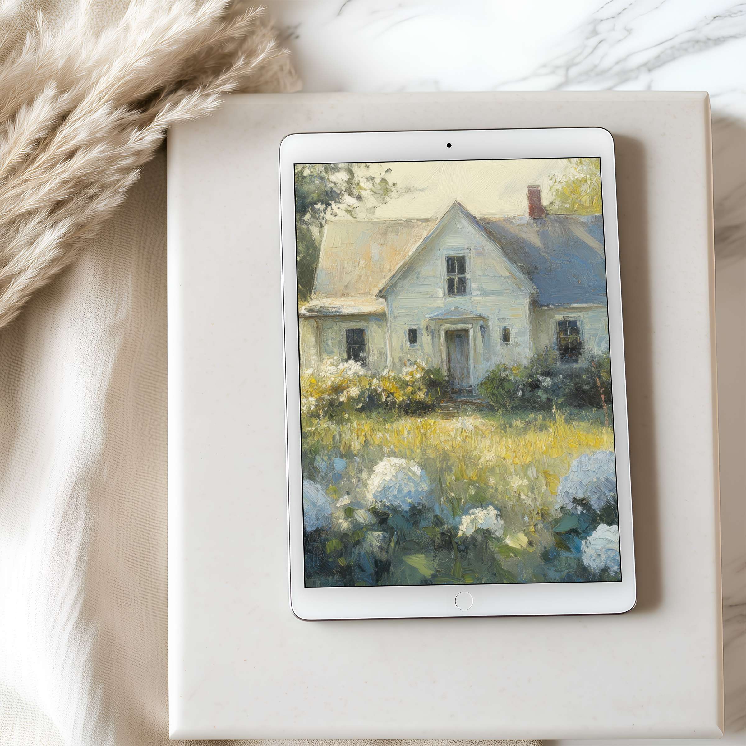 Elegant tablet wallpaper showcasing a serene country house in pastel tones perfect for iPad high resolution download enhancing tranquility