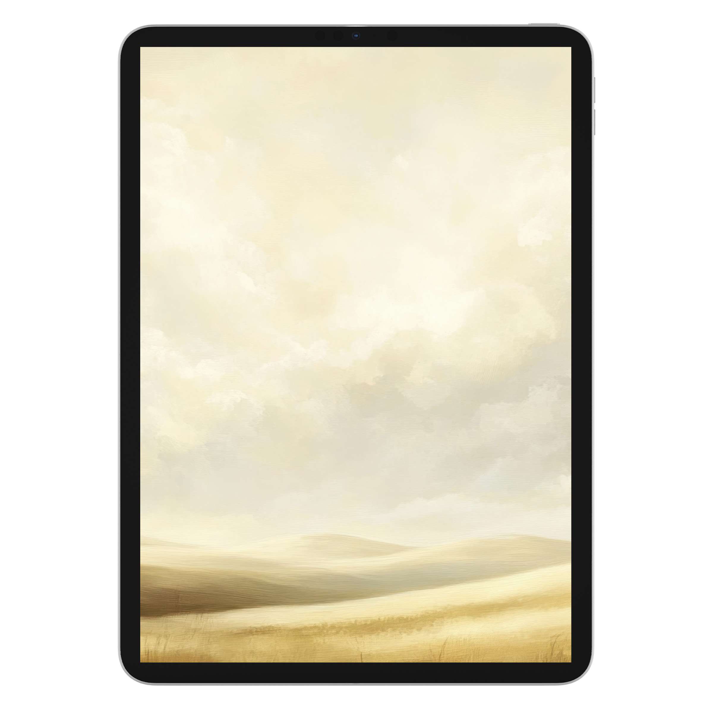 Elegant farmhouse iPad wallpaper in soft beige hues as digital download elevates tablet background with serene minimalist landscape design