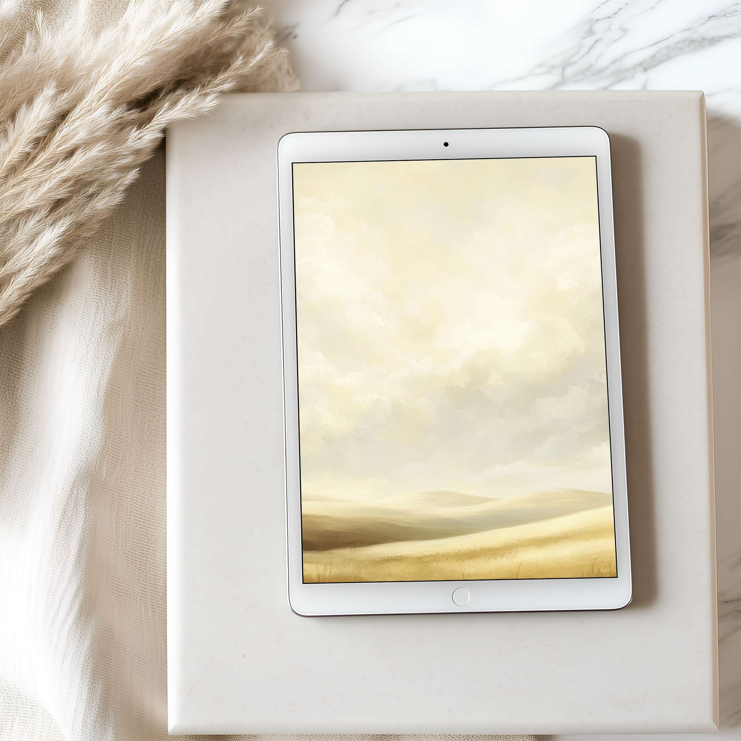 Elegant tablet wallpaper featuring serene golden landscapes with gentle clouds, perfect for iPad and Android digital download lovers