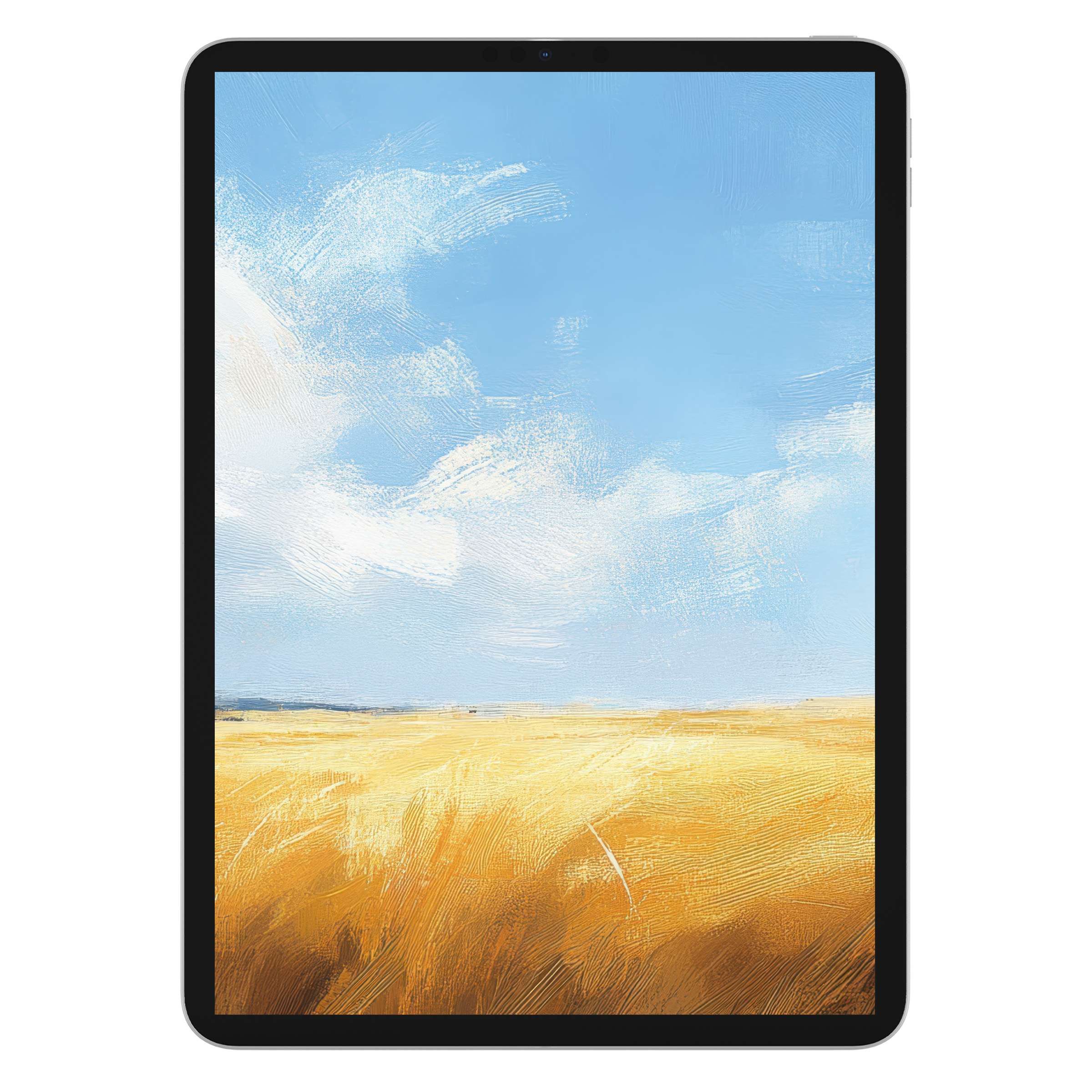 Farmhouse iPad wallpaper featuring serene golden fields under a vast blue sky for your tablet background digital download artistry