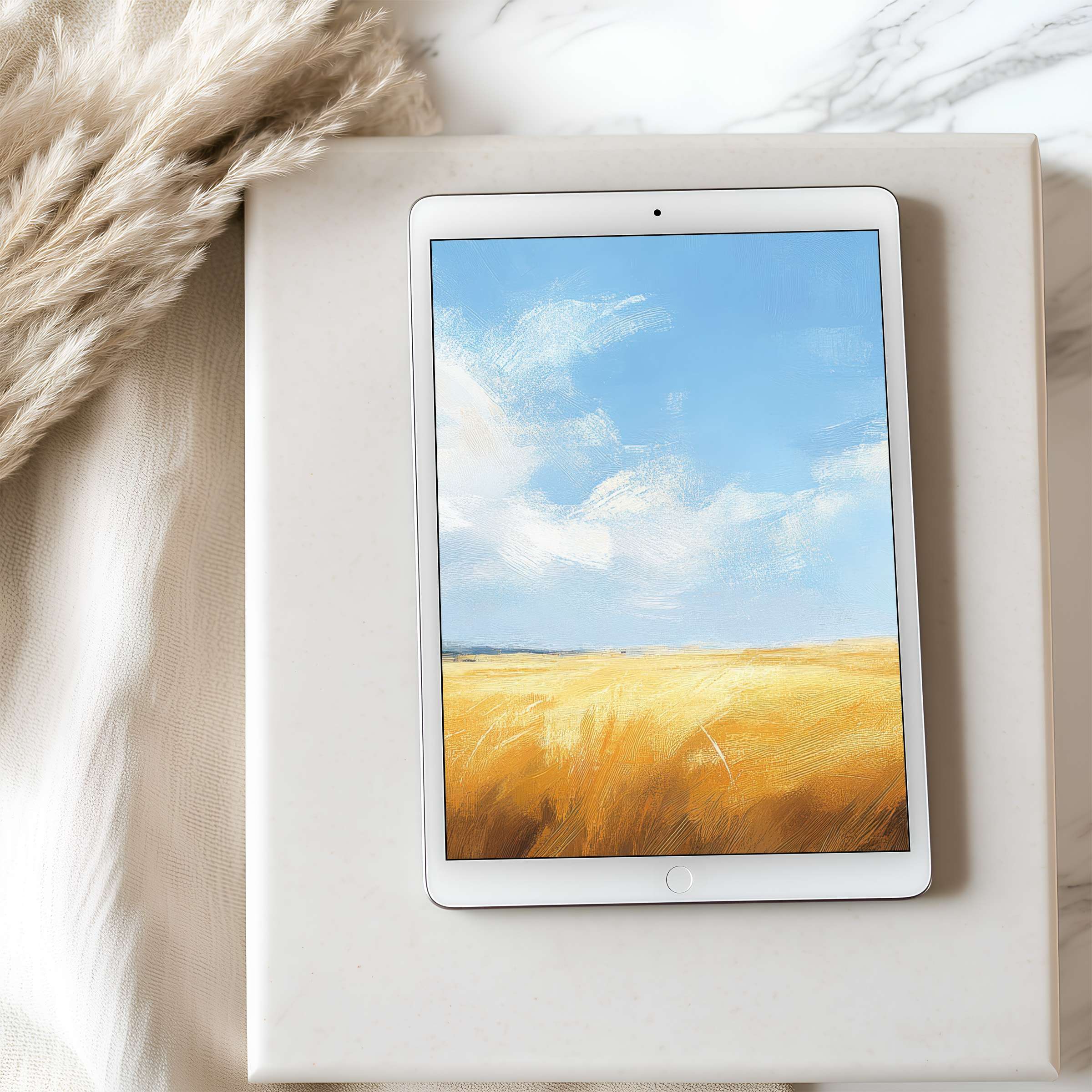 Elegant tablet wallpaper featuring serene blue skies and golden fields, perfect for iPad and Android tablets as a high-resolution digital download