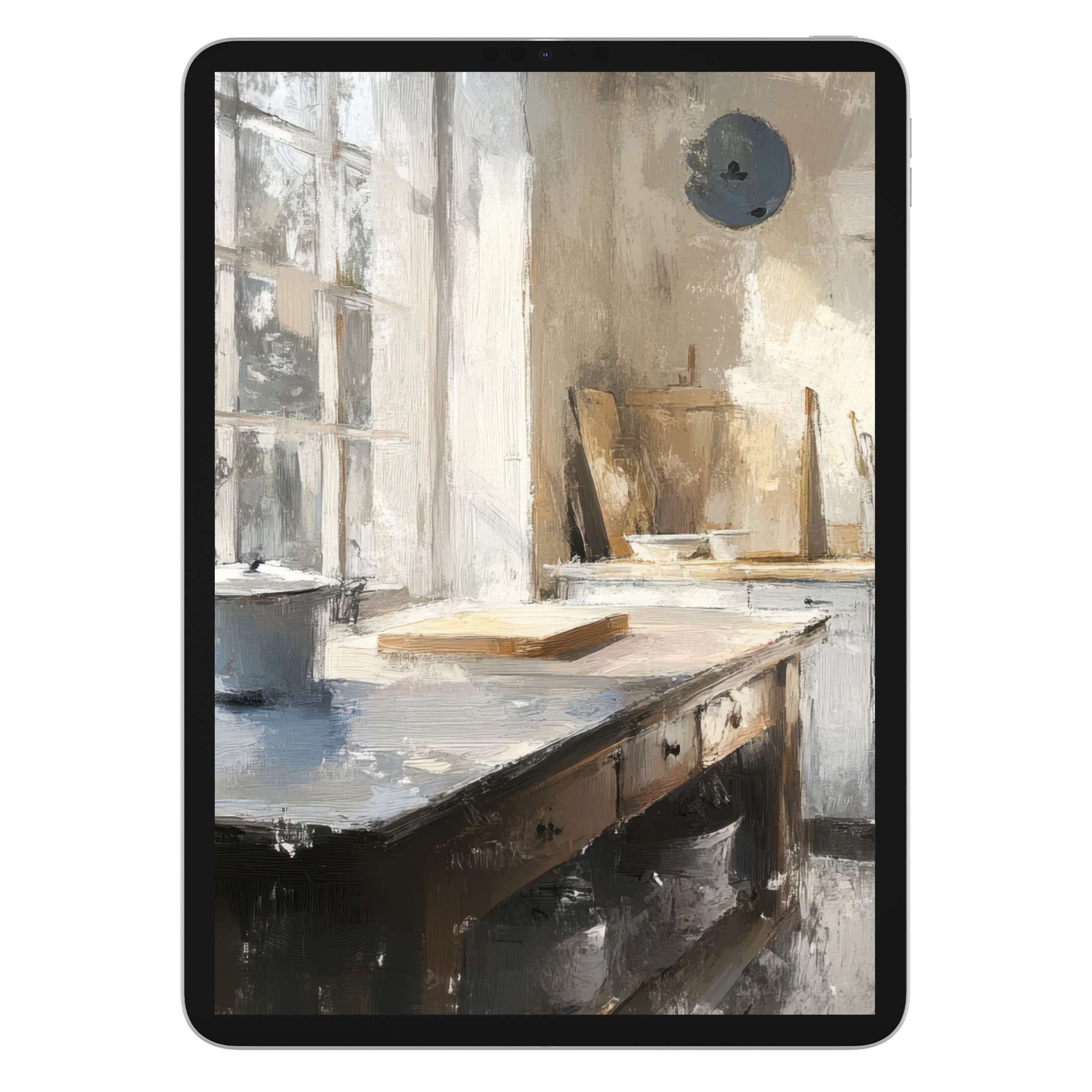 Elegant farmhouse iPad wallpaper with soft light and rustic textures for a soothing digital download background on any tablet