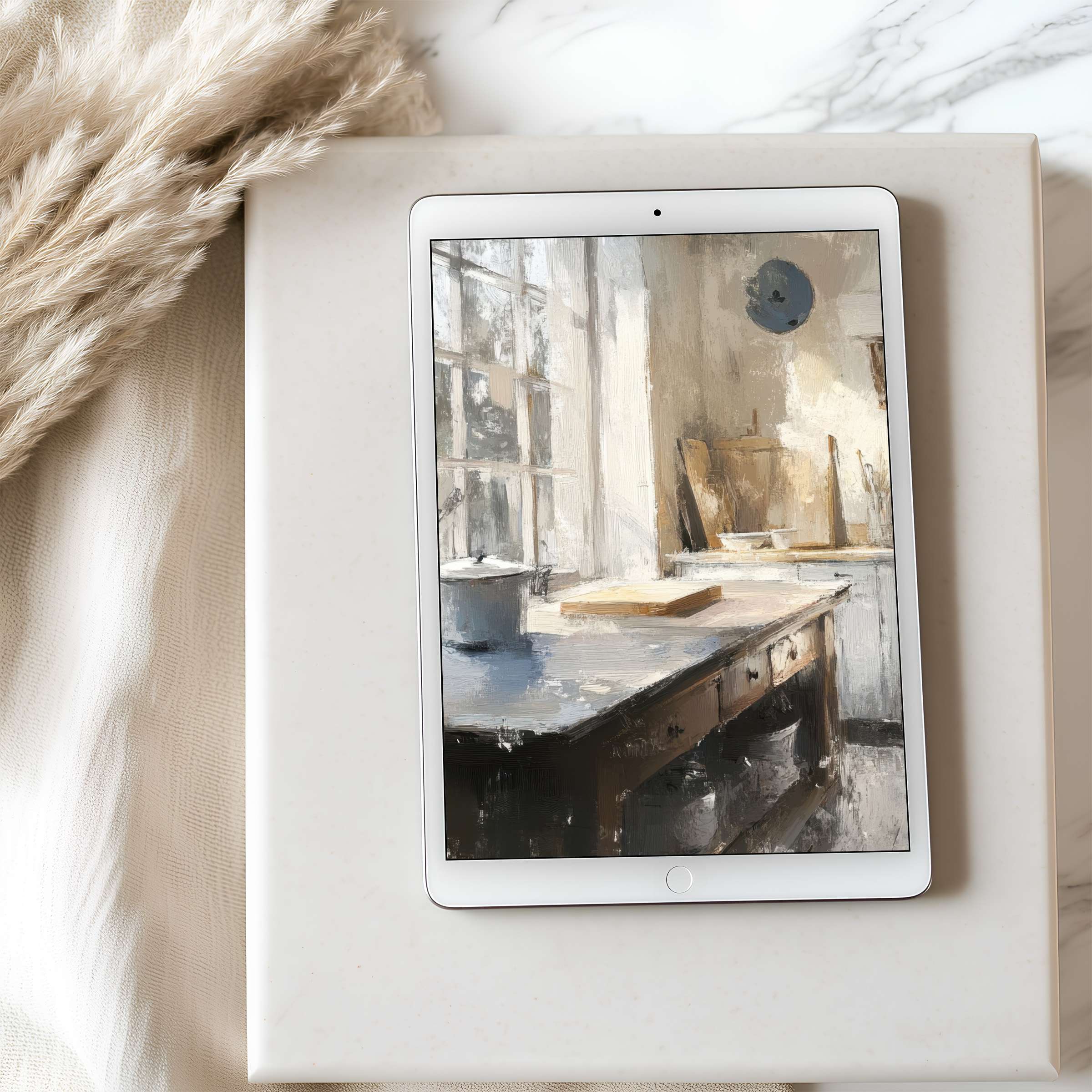 Elegant tablet wallpaper with high-resolution serene studio painting, perfect for iPad and Android tablets, offering calm through digital download