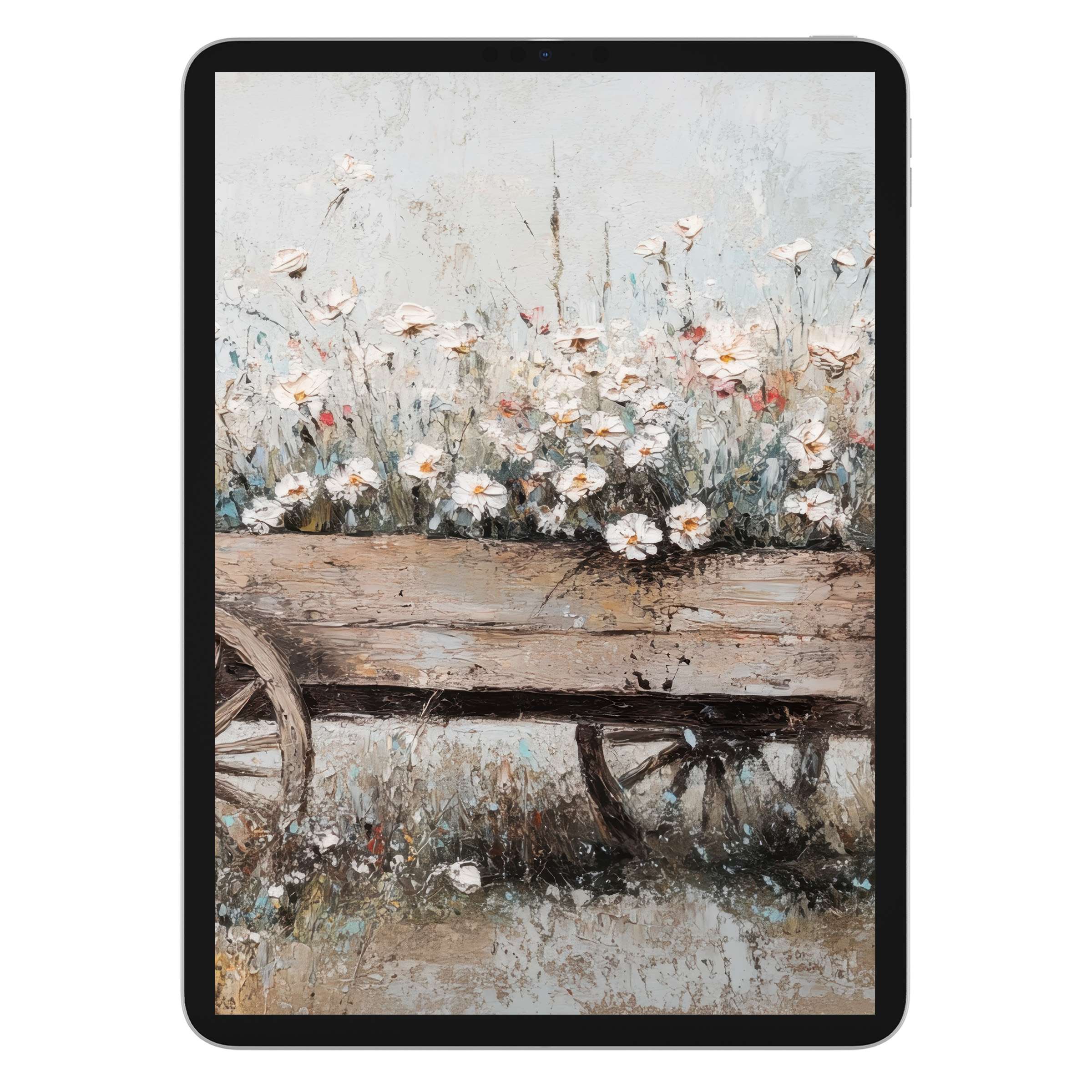 Farmhouse iPad wallpaper with rustic wagon, white daisies, and serene earth tones, perfect digital download for tablet background lovers