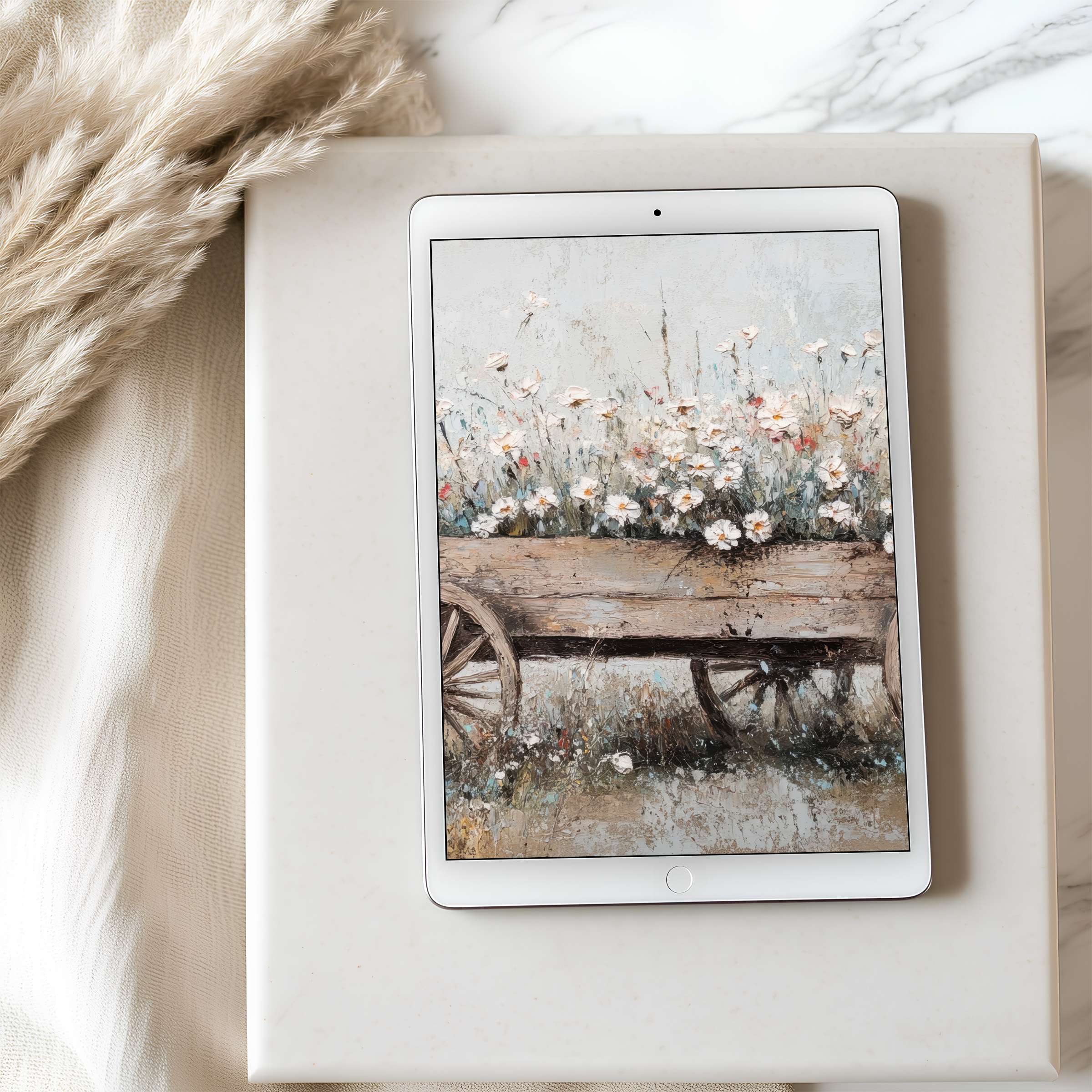 Elegant tablet wallpaper featuring a serene floral cart painting in muted tones, perfect for iPad and Android, high-resolution download available
