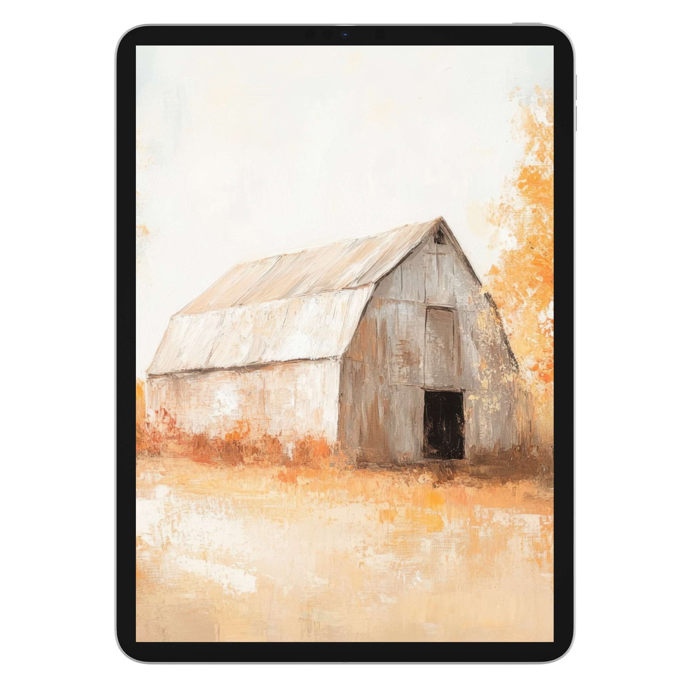 Rustic farmhouse iPad wallpaper featuring warm autumn hues, creating a serene digital download background for any tablet ambiance