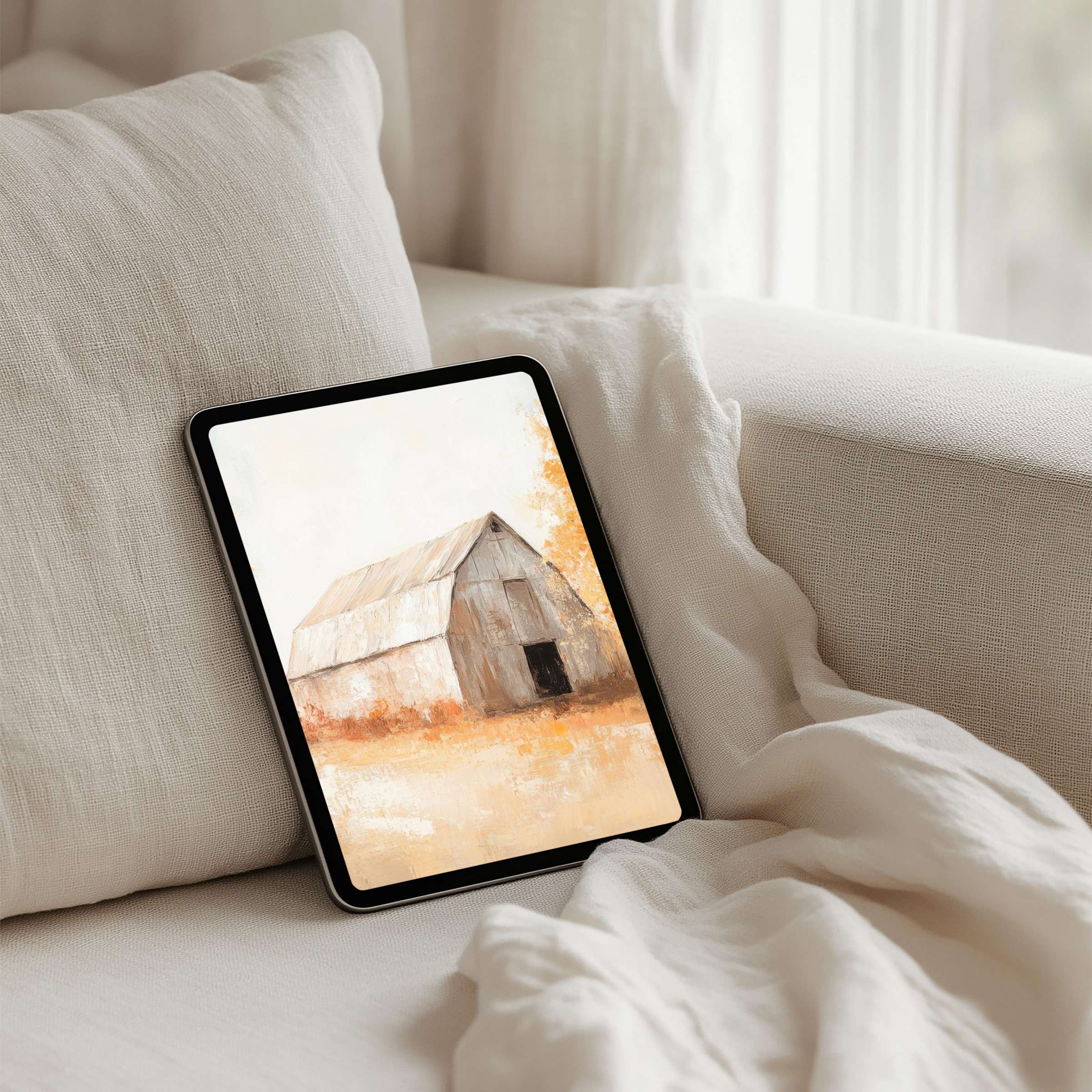 Rustic barn painting on iPad background offers calming elegance with instant download for your tablet to inspire mindfulness