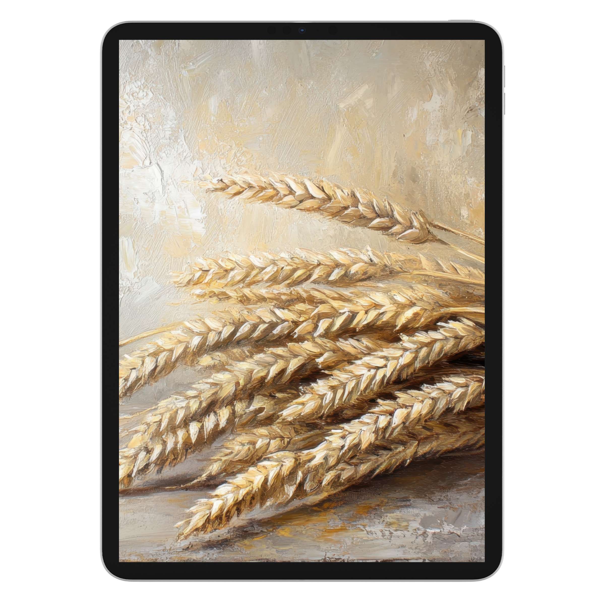 Farmhouse iPad wallpaper featuring golden wheat with textured brushstrokes offers a serene digital download background for tablets