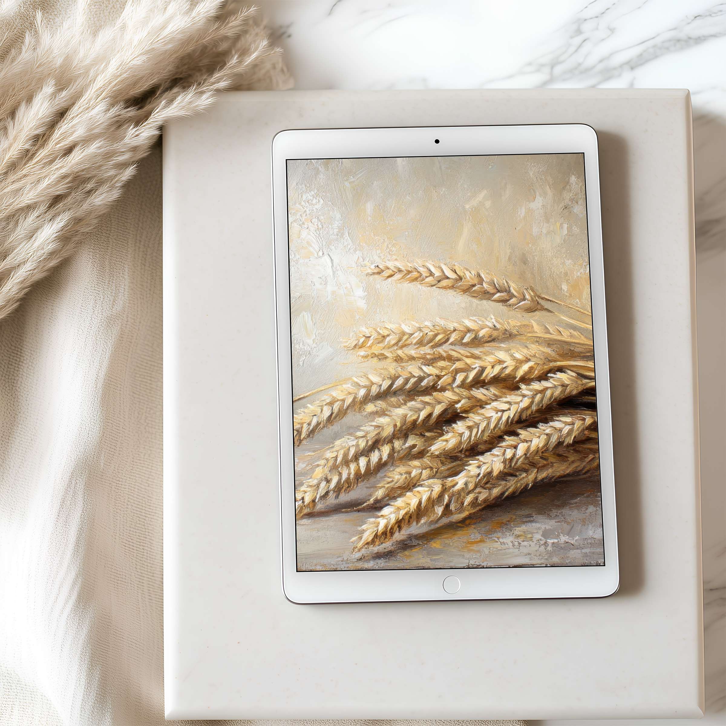 Elegant wheat-themed tablet wallpaper in soft beige and ivory tones, offering a curated high-resolution digital download for iPad users
