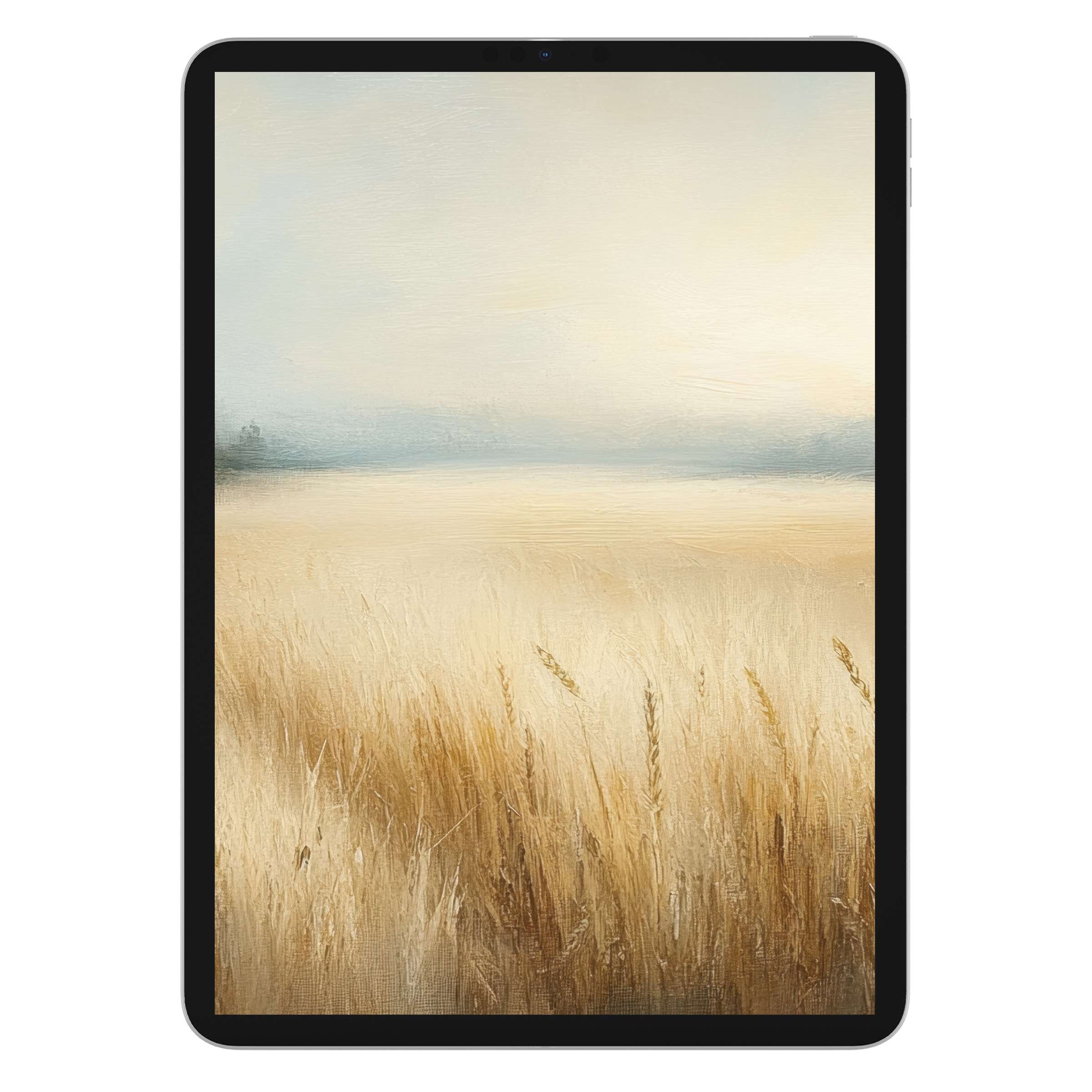 Tranquil farmhouse iPad wallpaper with soft wheat fields in a serene digital download painting for calming tablet background settings