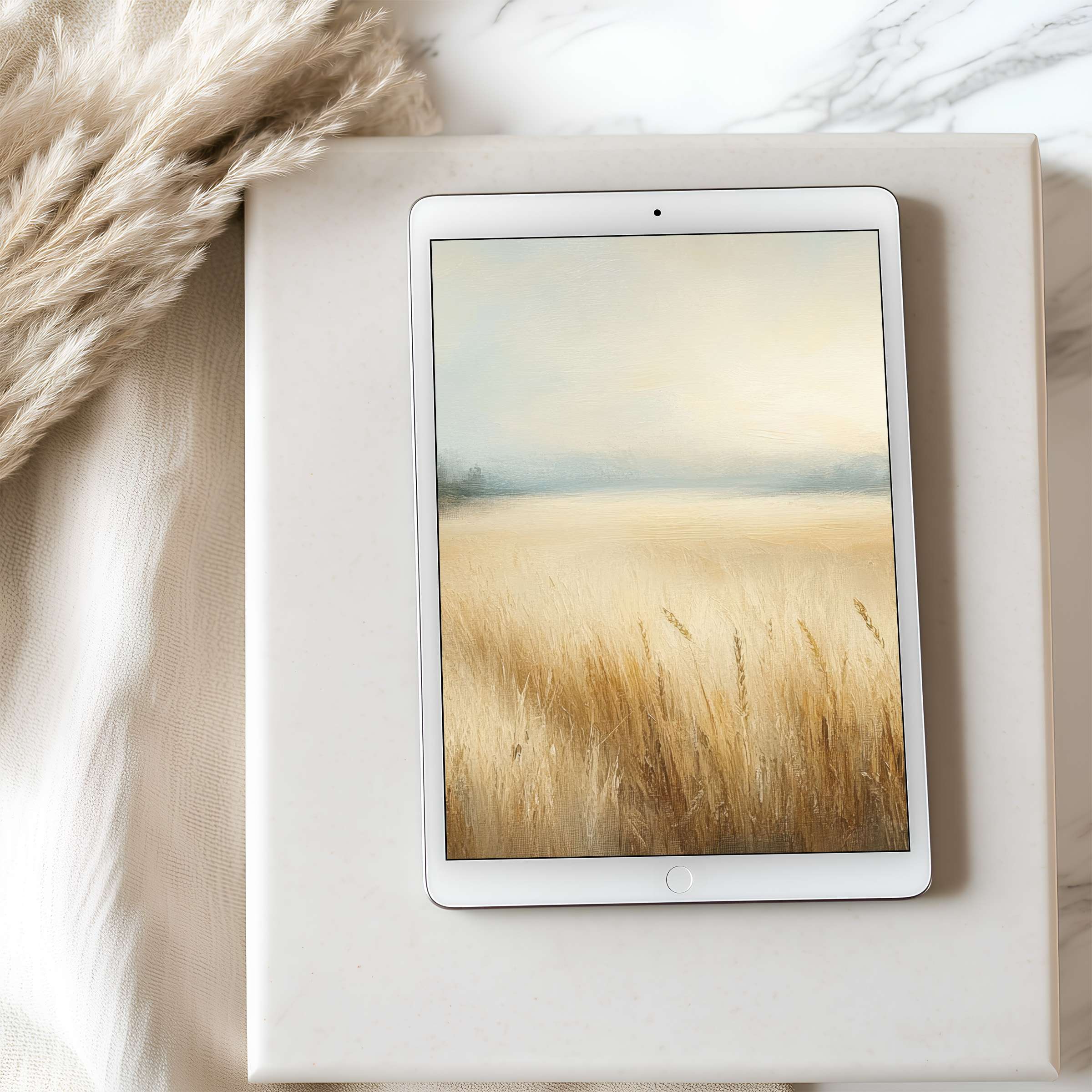 Calming wheat field digital art for tablet wallpaper evokes tranquility, perfect for iPad high resolution and eco-friendly downloads