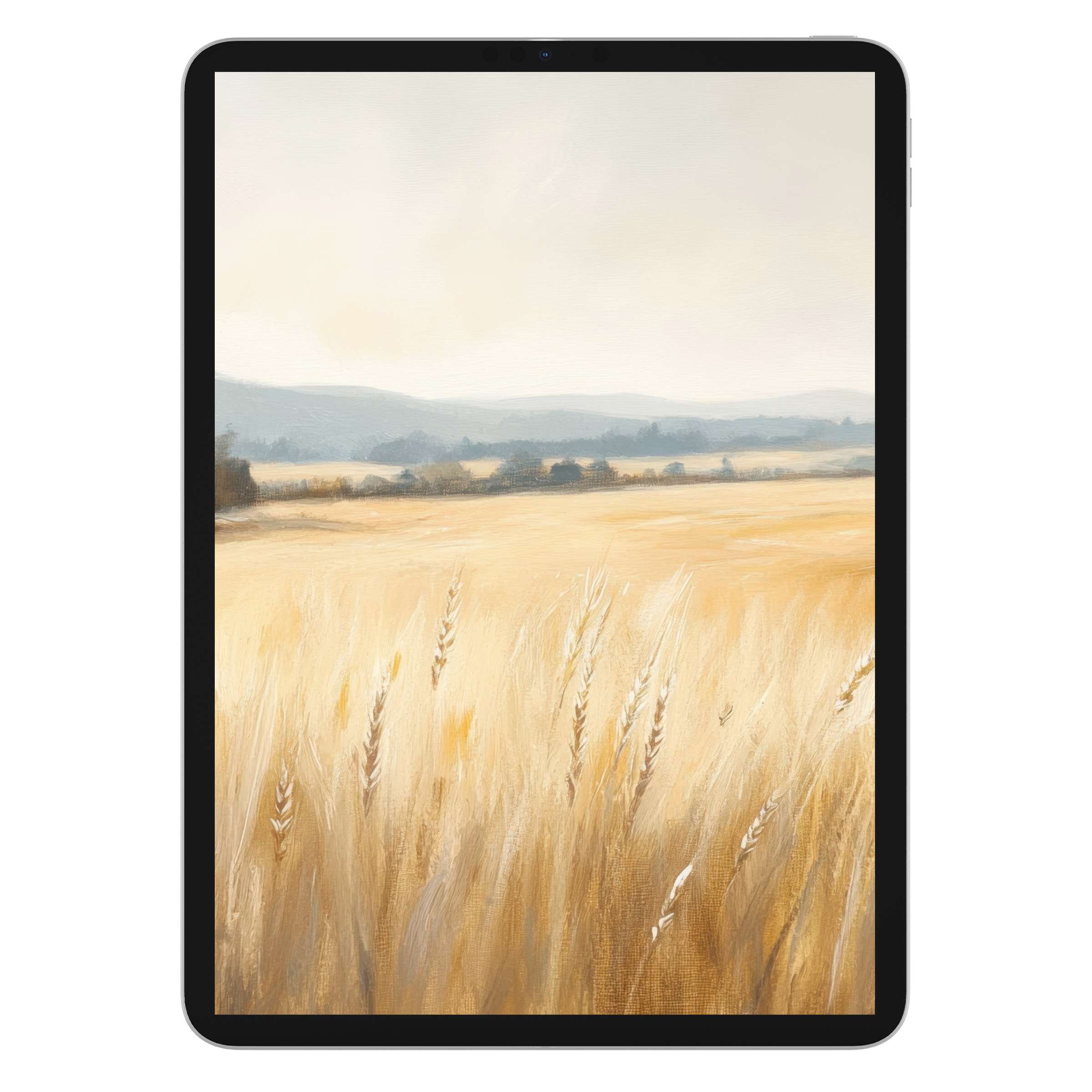 Warm and serene farmhouse iPad wallpaper featuring golden fields under a soft sky, perfect digital download for tablet background