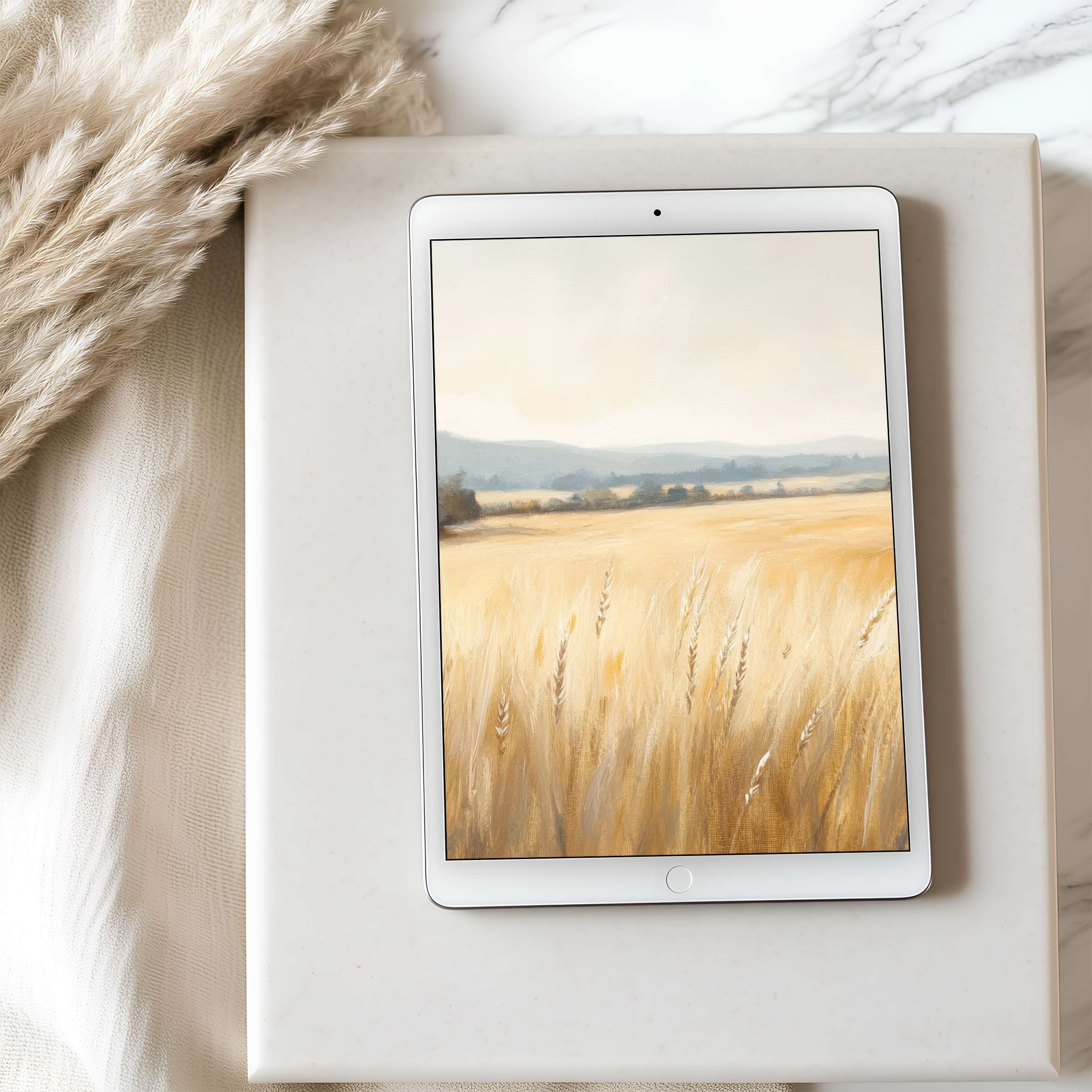 Calming tablet wallpaper showcasing elegant golden fields under a soft sky, perfect for high resolution iPad and Android downloads
