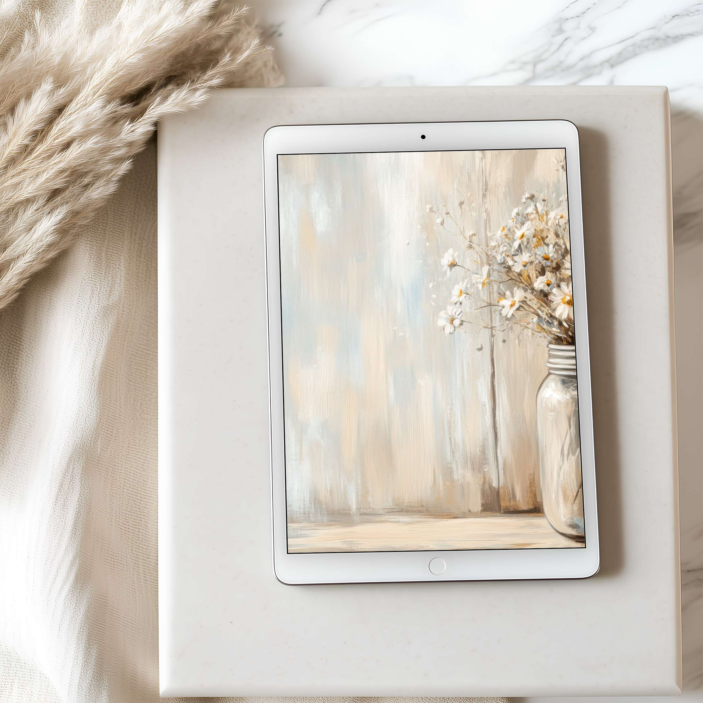 Elegant tablet wallpaper featuring serene florals in neutral hues, perfect for high-resolution iPad display and sustainable digital download