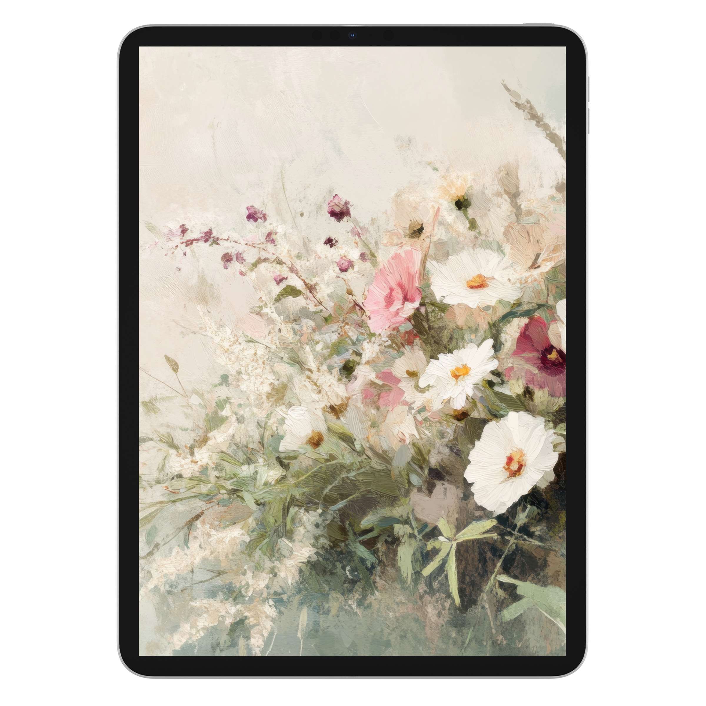 Elegant farmhouse iPad wallpaper digital download with soft floral textures for a calming tablet background on all devices
