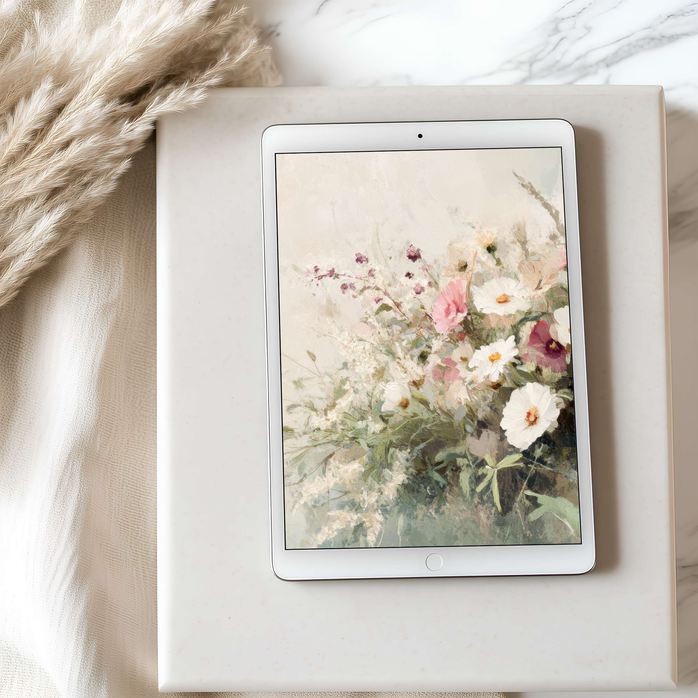 Delicate floral tablet wallpaper in soft pastels, ideal for iPad, offers a high-resolution, calm aesthetic digital download experience