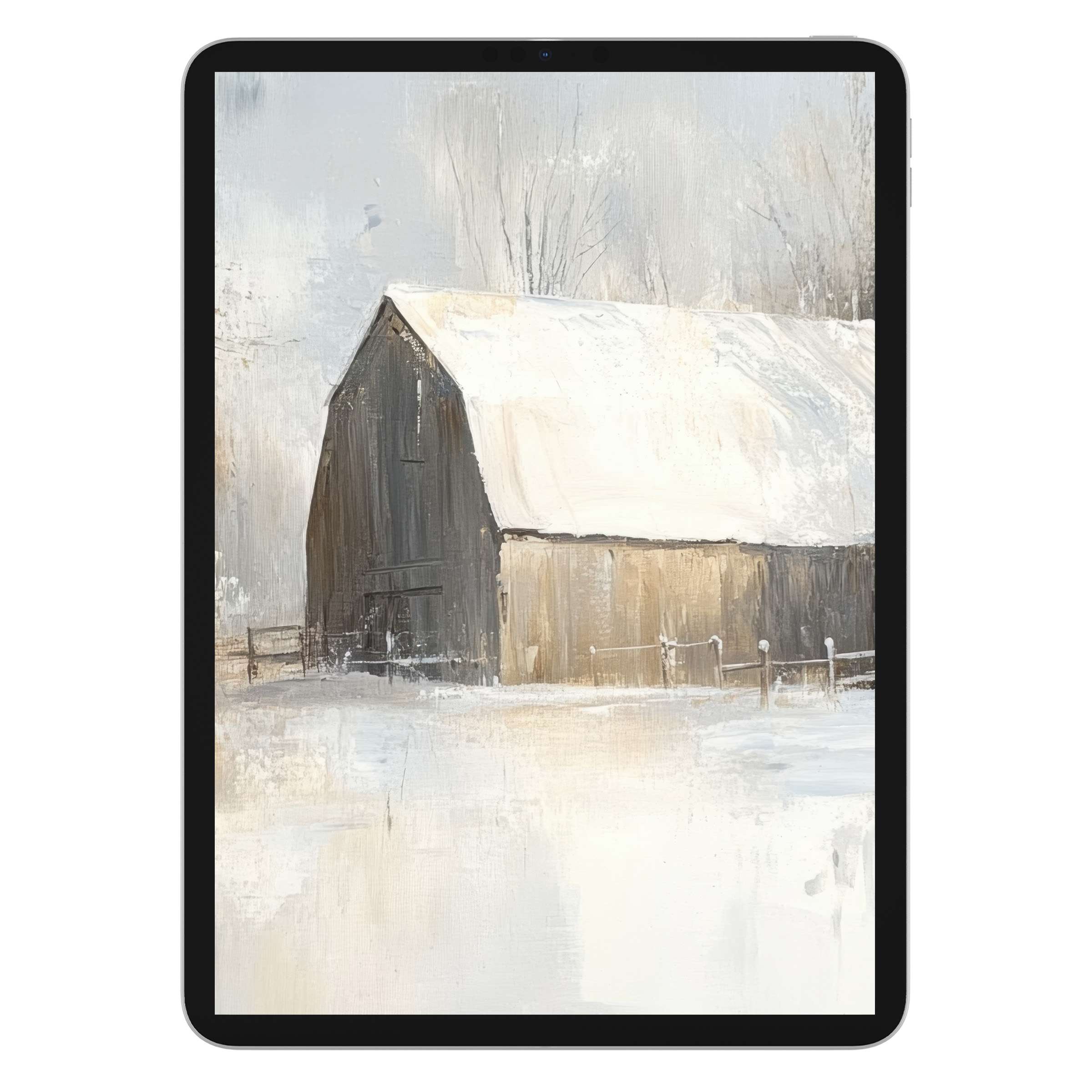 Farmhouse iPad wallpaper digital download with serene winter barn scene, perfect tablet background for calm, rustic aesthetics