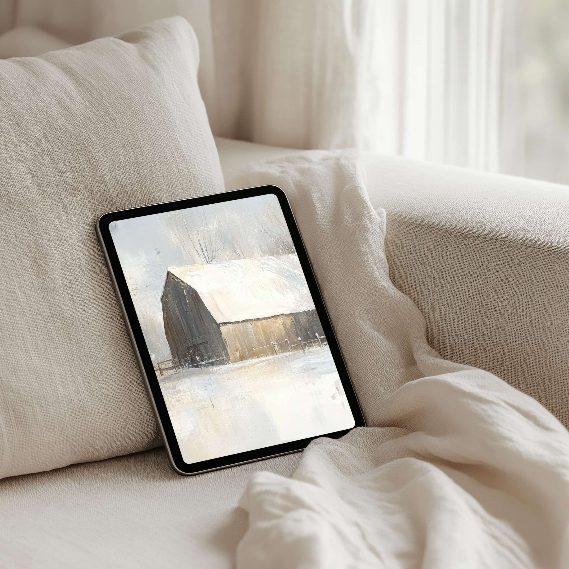 Elegant snowy barn painting as iPad background exudes calm and mindfulness perfect for tablet instant download and interior style