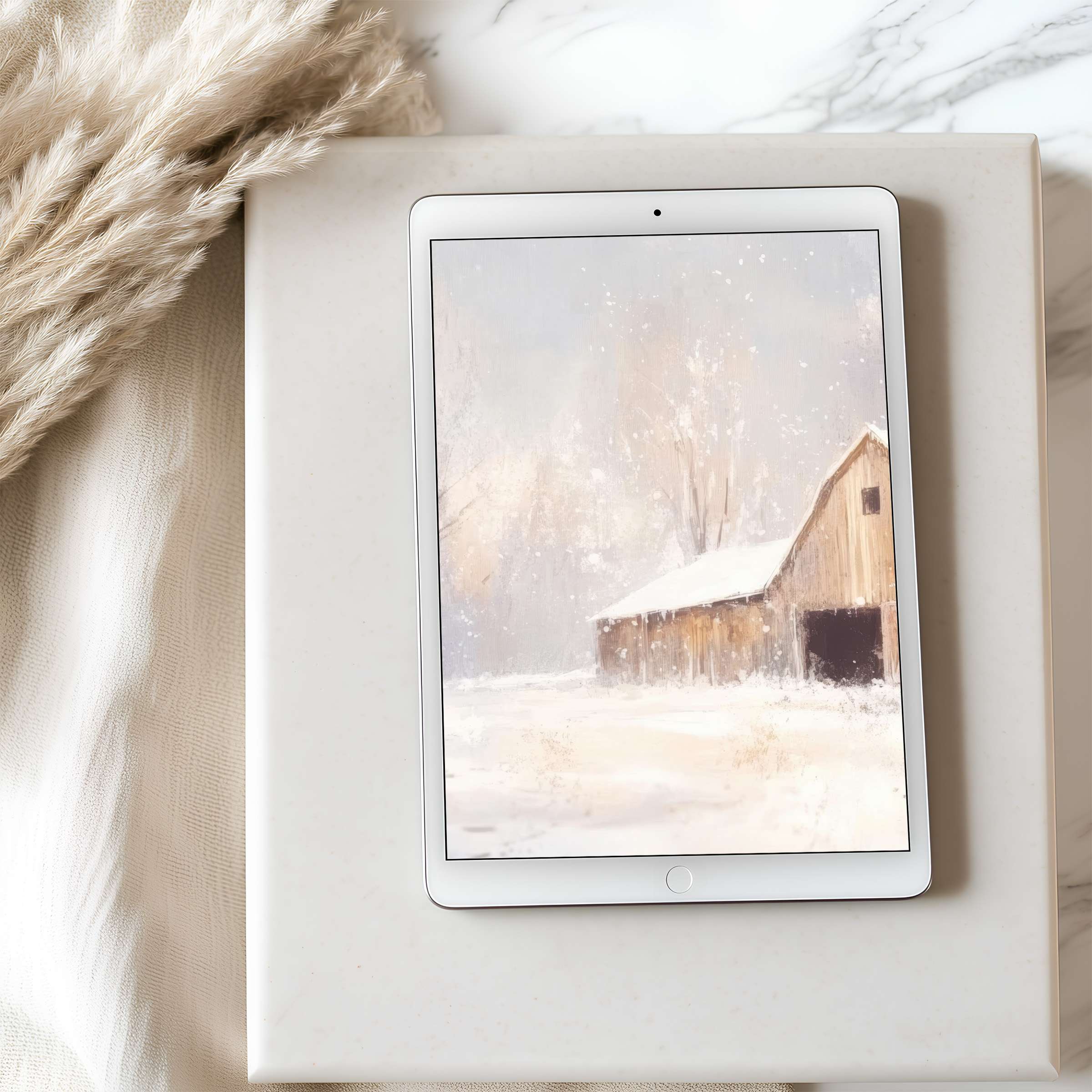 Elegant snow-covered barn scene tablet wallpaper in high resolution offers calming beauty for iPad and Android digital download
