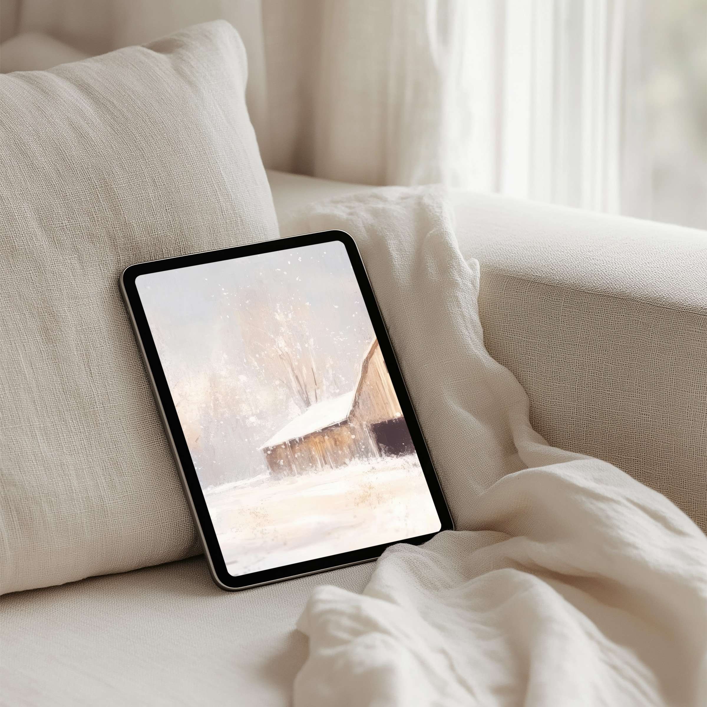 Tranquil snowy scene on iPad background offers instant download for tablets inspiring calm with elegant, mindful design ambiance