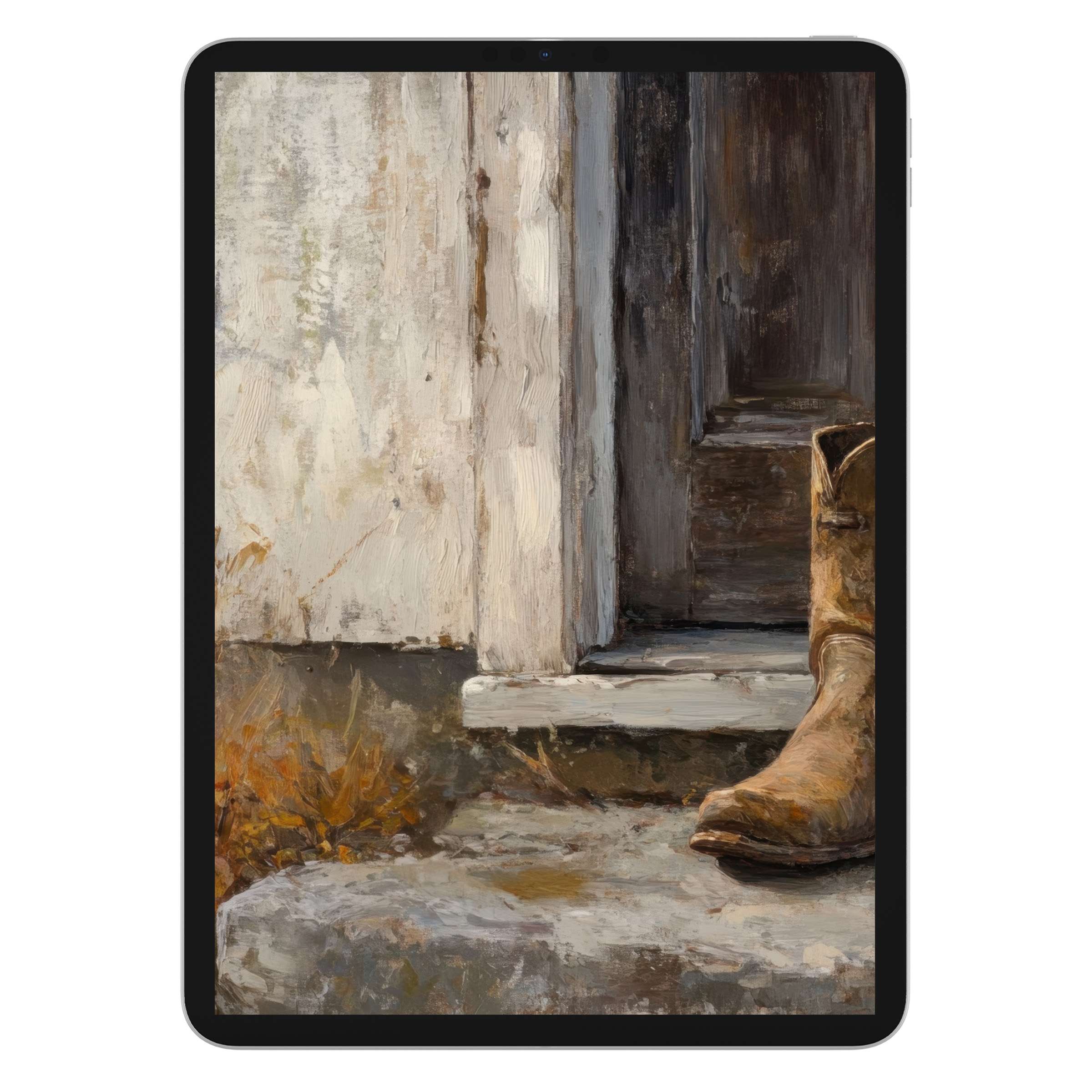 Farmhouse iPad wallpaper showcasing rustic boots on aged wooden steps for tablet background, offering digital download and cozy ambiance